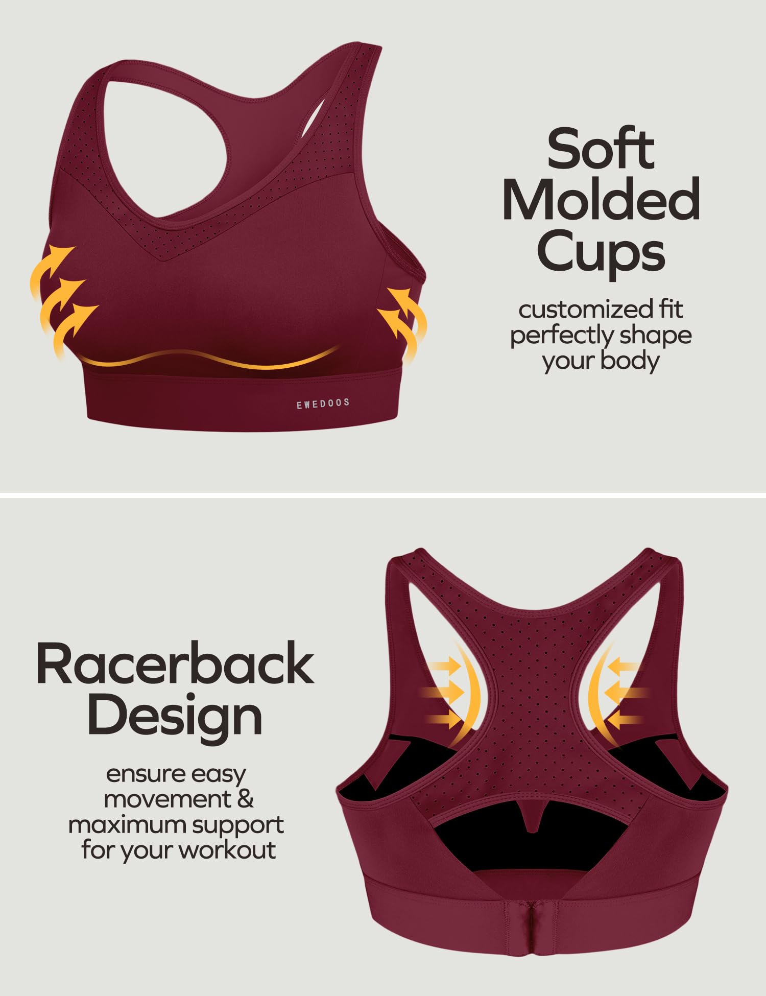 High Impact Sports Bras for Women - Ewedoos Supportive Push Up Workout Bra for Large Bust, Racerback Running & Gym - Perfect for High-Intensity Training & Active Lifestyles