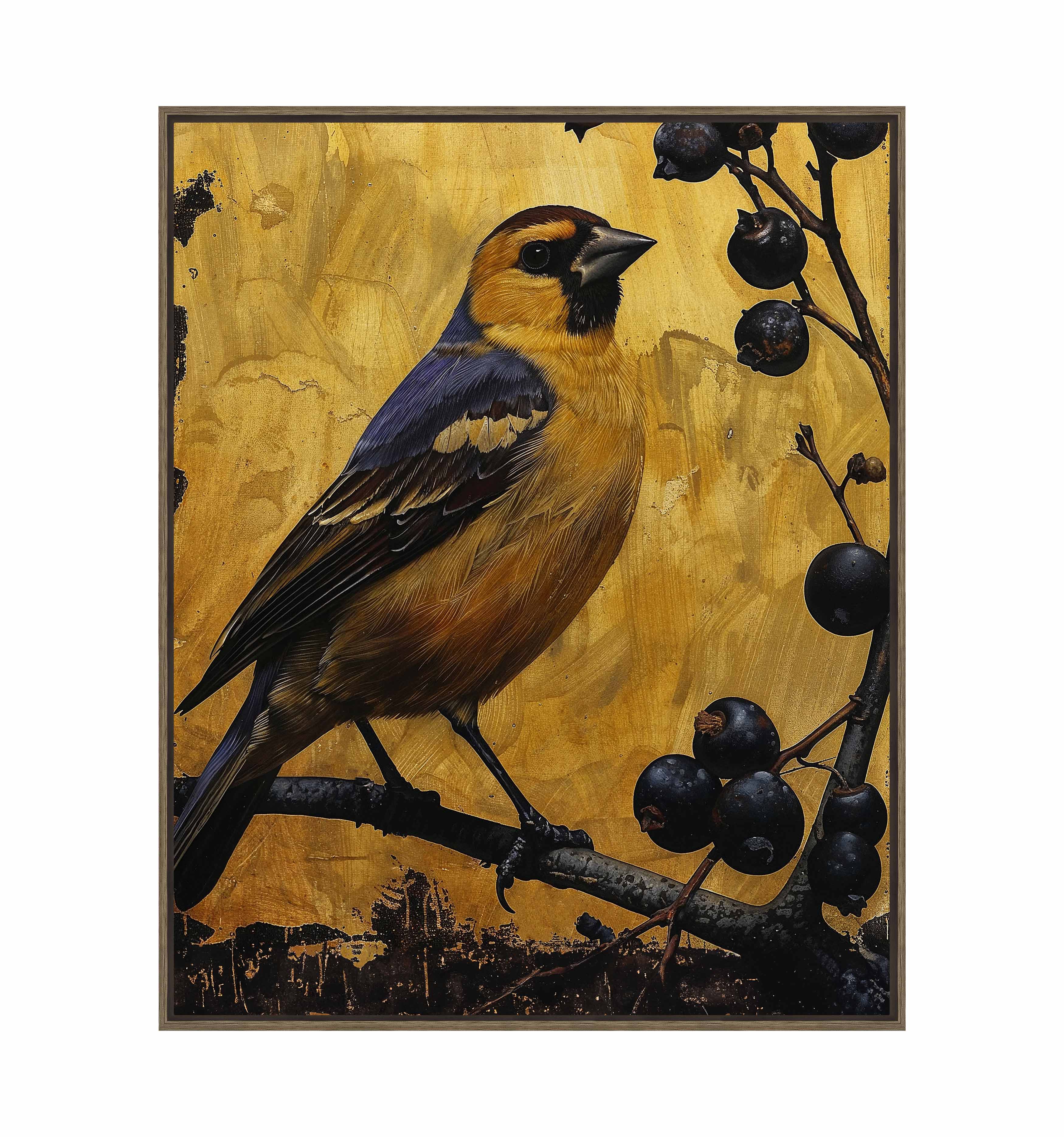 Gilded Harmony Finch Among Berries Gallery Wrapped Canvas Wall Art - Beautiful Nature Bird Painting for Living Room, Bedroom & Office Decor