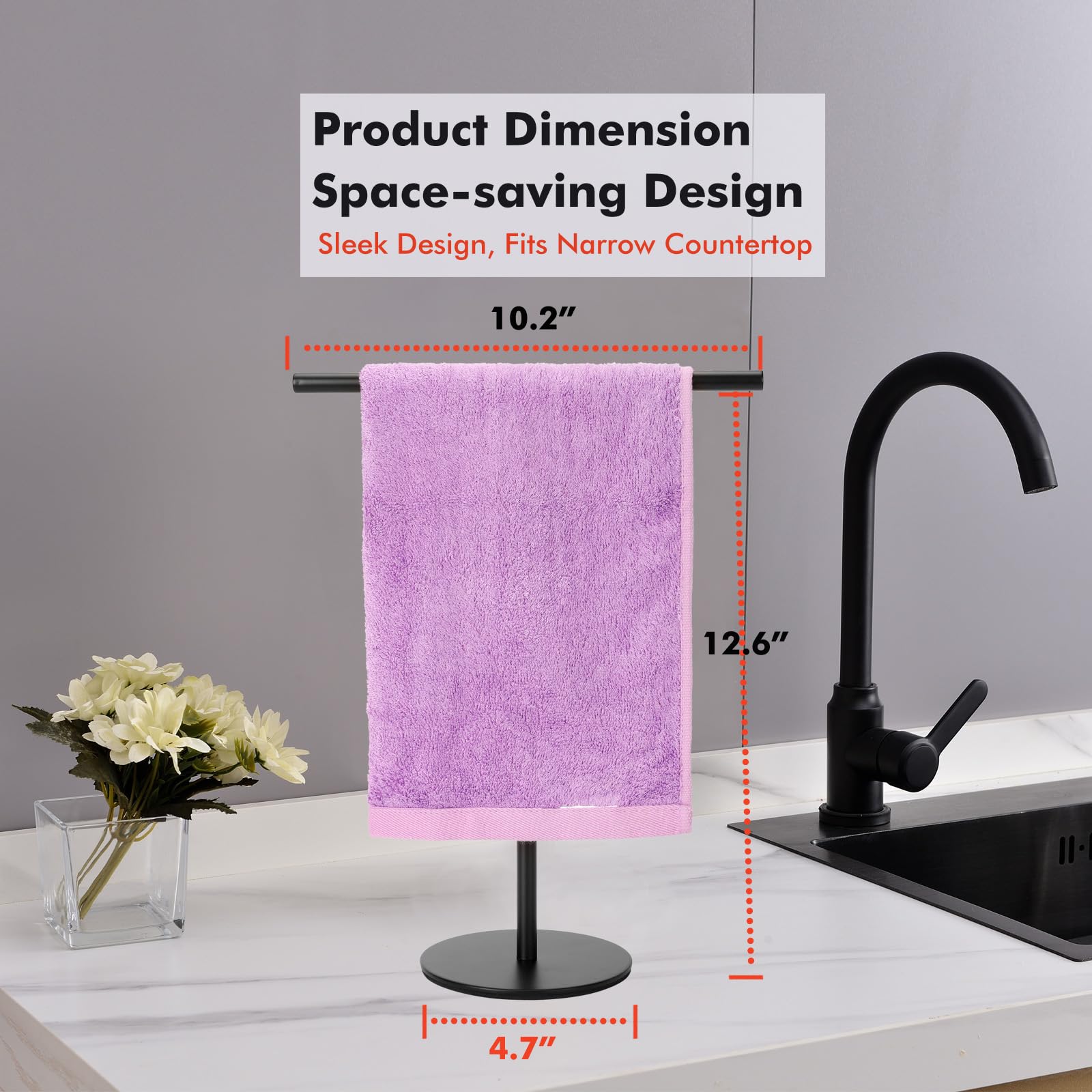 Stainless Steel Black Hand Towel Holder Stand - T-Shape Freestanding Towel Rack for Bathroom & Kitchen Countertop | Matte Black Finish | Perfect for Vanity, Sink Area & Guest Bathroom Organization