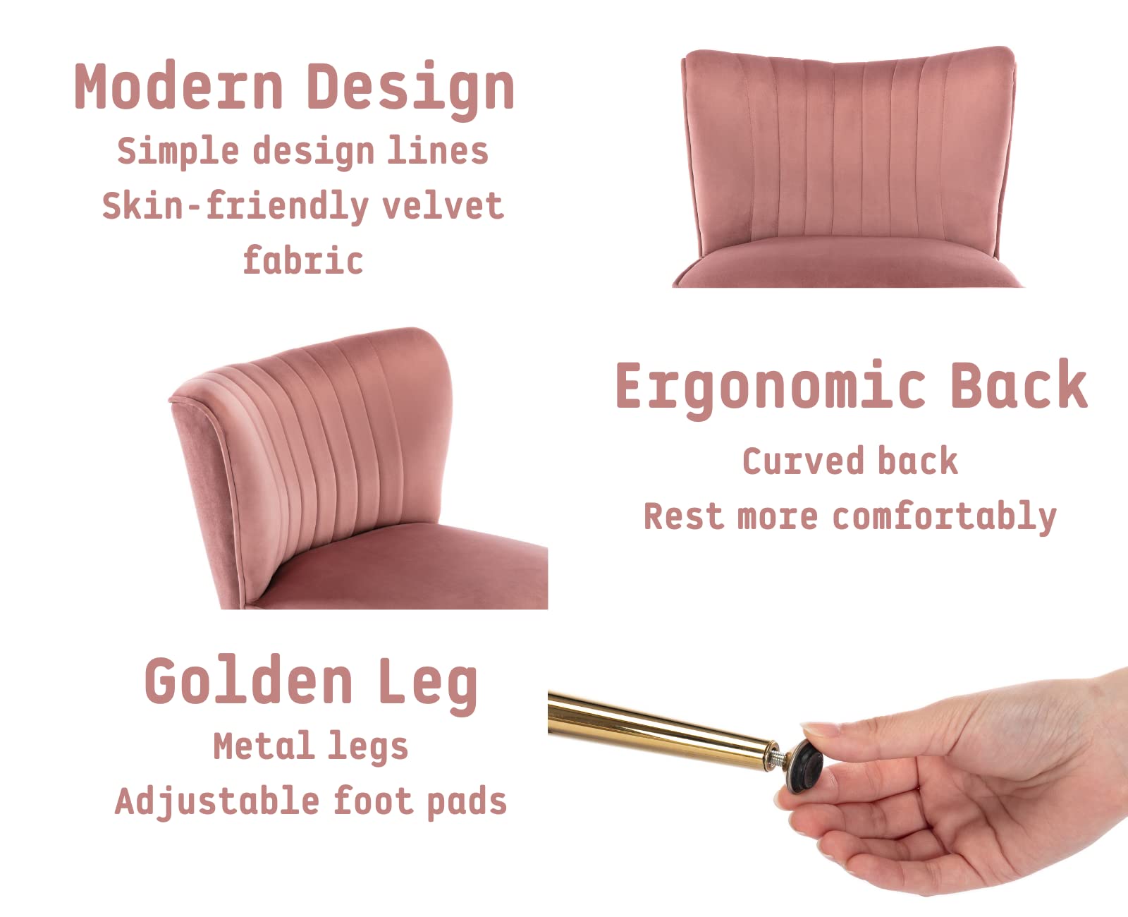 Velvet Accent Chairs Set of 2 - Mid Century Modern Upholstered Side Chairs with Golden Legs for Living Room, Guest Room & Bedroom - Comfy Armless Wingback Sofa Chairs in Pink - Perfect for Small Spaces, Reading Nooks & Cozy Corners