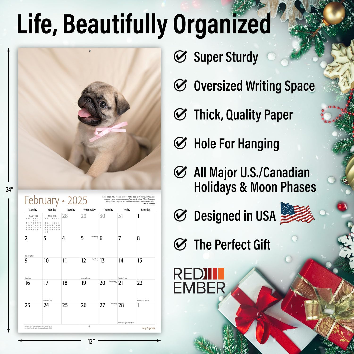 RED EMBER Pug Puppies 2025 Wall Calendar - 12 Month Large 12x24 Inch with Thick Sturdy Paper - Perfect Gift for Dog Lovers - Home, Office & Classroom Decor