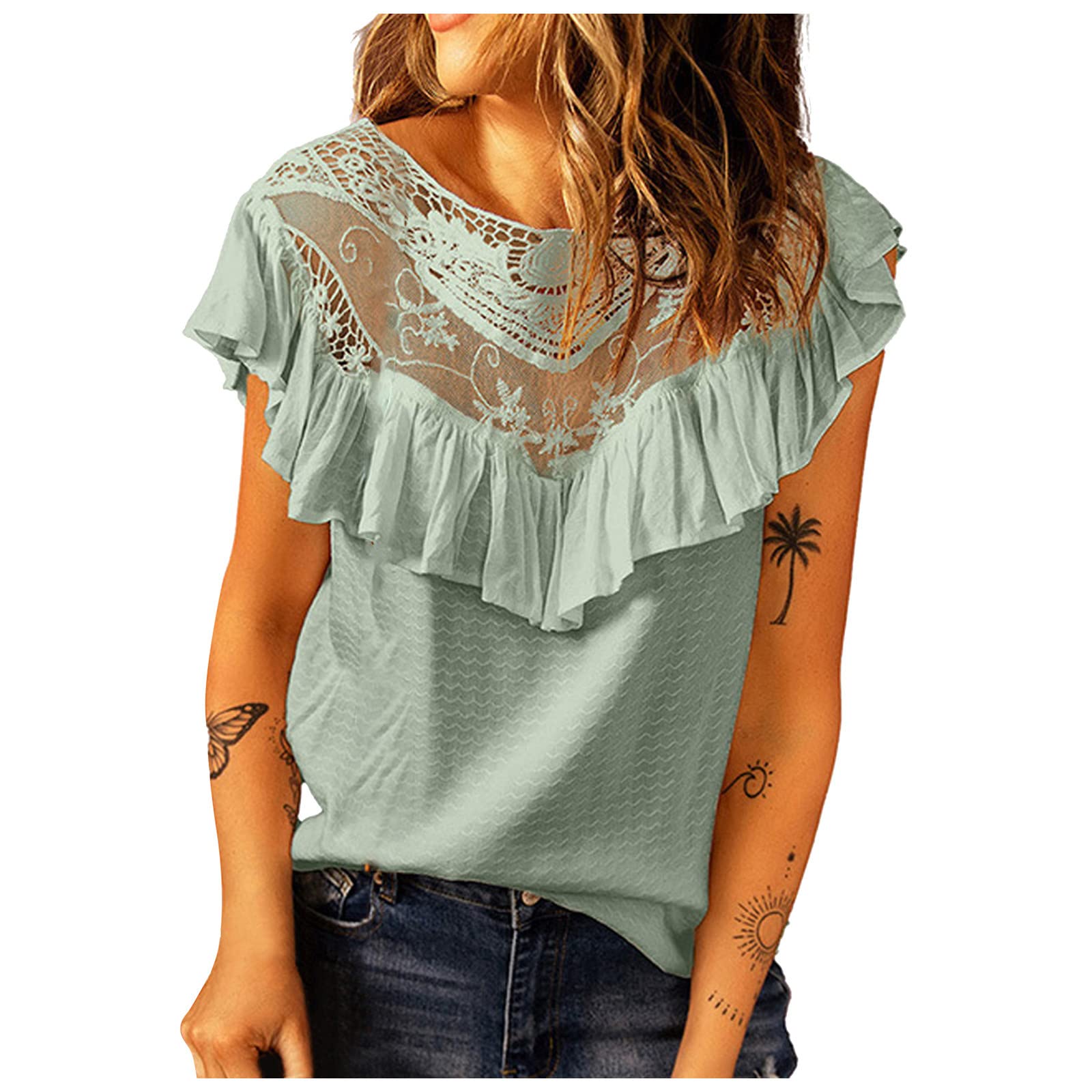 Women's Work Shirts Floral Lace Ruffle Trim Summer Office Blouse - Short Sleeve Round Neck Flounce Top for Business Casual & Summer Workwear