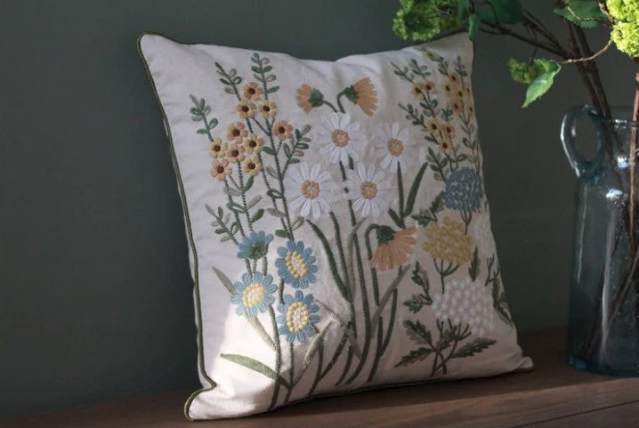Farmhouse Style Embroidered Floral Cotton Throw Pillow Covers - Decorative Sofa Cushions for Living Room, Bedroom & Outdoor Porch Decor