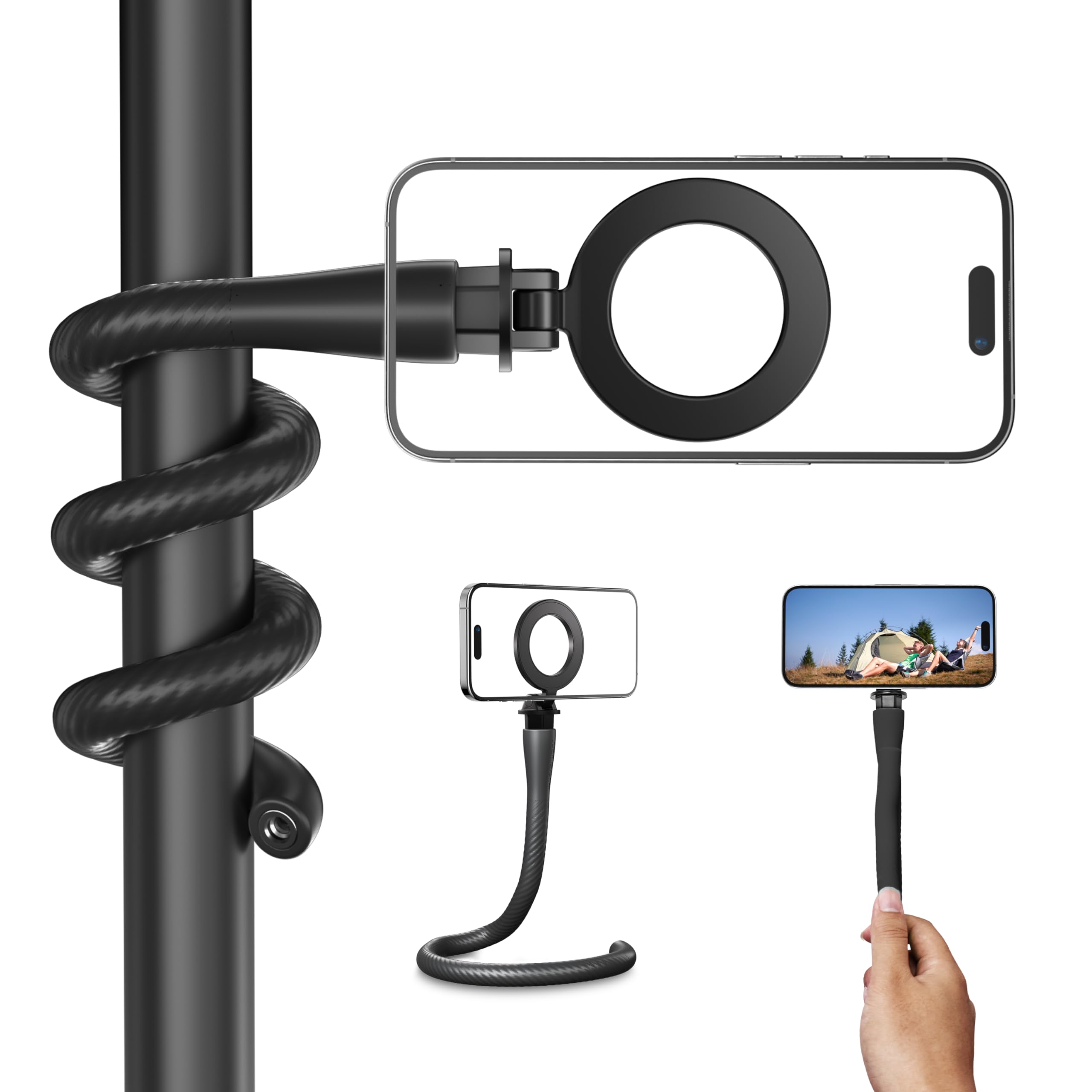 TELESIN Flexible Magnetic Phone Holder, Portable Magsafe Phone Stand & Selfie Stick for iPhone, Samsung, Action Cameras - Perfect for Shopping, Treadmill, Stroller, Vlogging (Black)