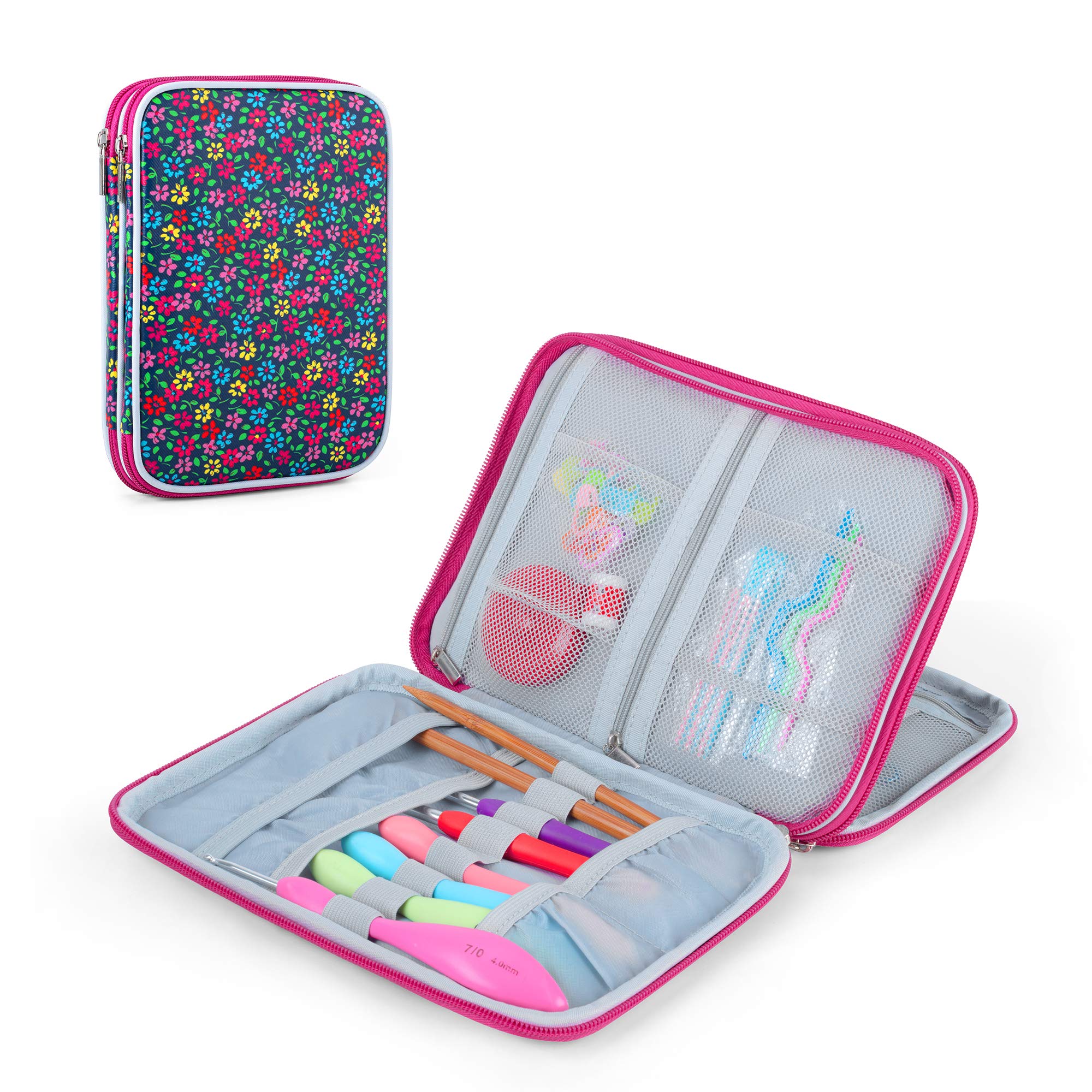 Teamoy Crochet Hook Case - Travel Storage Organizer for Swing Crochet Hooks, Lighted Hooks & Needles (Up to 8 Inches) - Floral Blue Design - Perfect for Crafters, Knitters & DIY Enthusiasts - Portable Needle Case for On-the-Go Projects & Home Organization