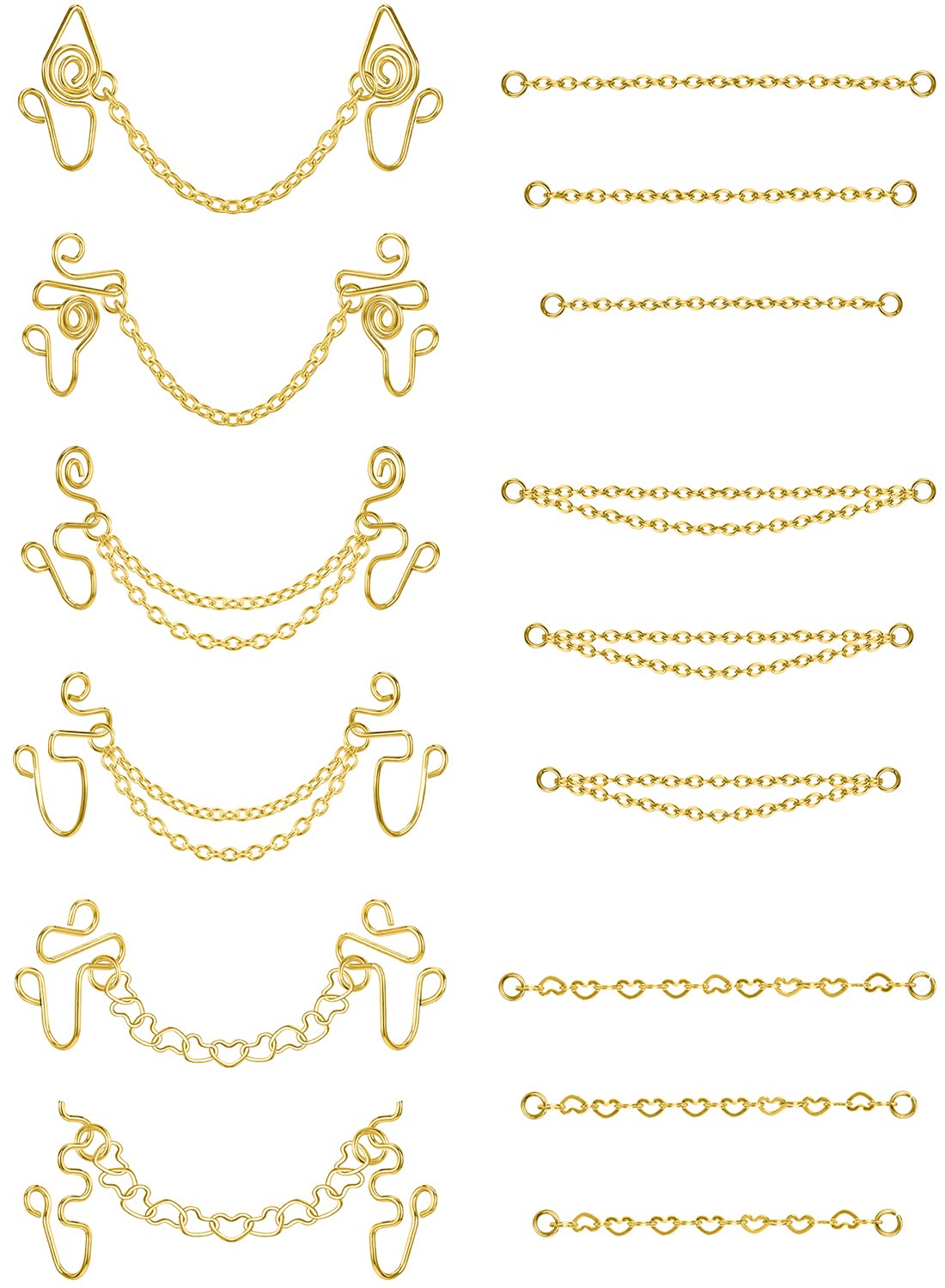 PunkTracker Fake Nose Rings for Women & Men - Stainless Steel Non-Pierced Nose Cuffs with Chain | African Gold Fake Nose Piercing Jewelry for Teens | Perfect for Costume Parties, Halloween & Festival Outfits