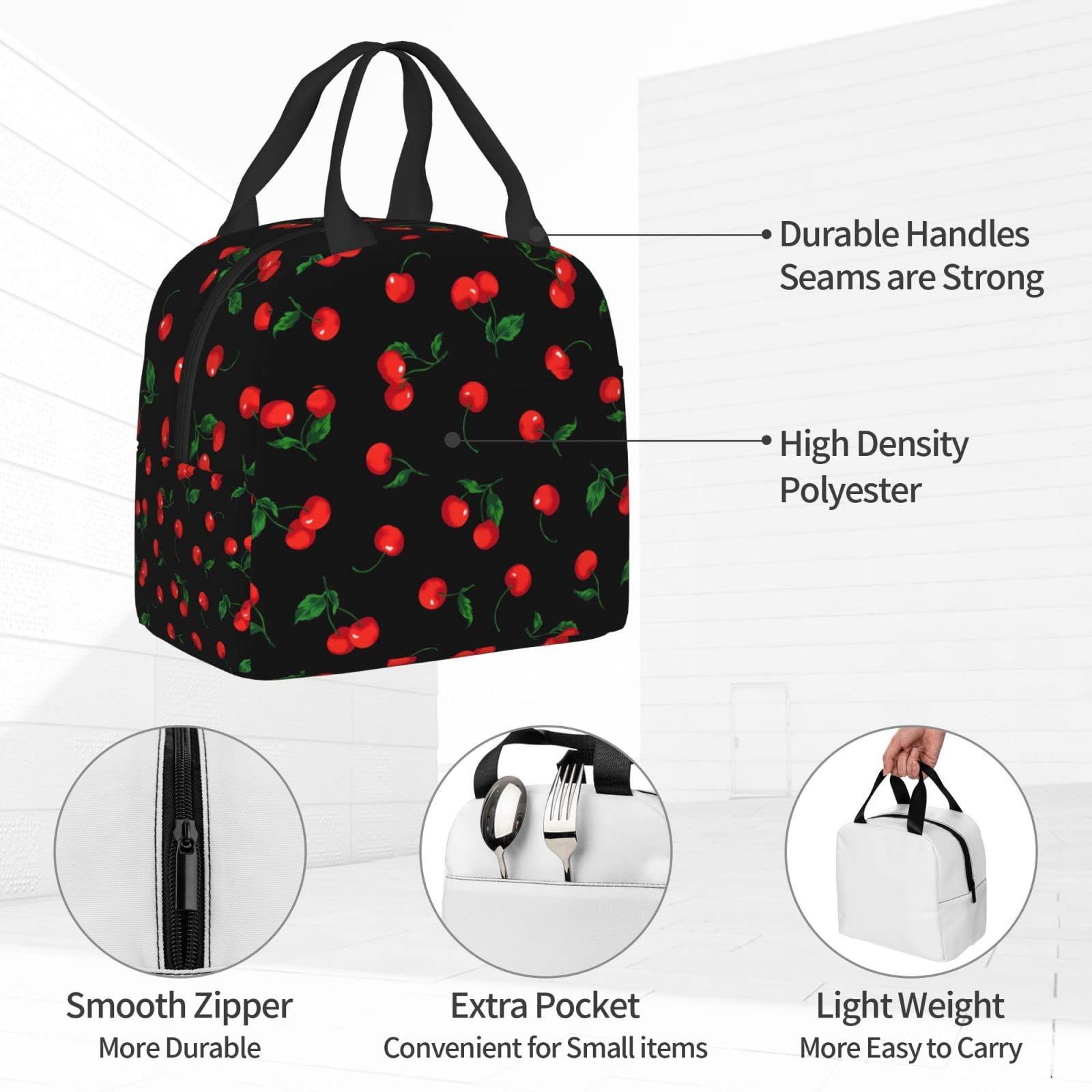 Insulated Cherry Black Lunch Box for Kids - Reusable Lunch Tote Bags for Boys & Girls | Perfect for School, Camping, Hiking, Picnic, Beach & Travel | Keep Food Fresh All Day