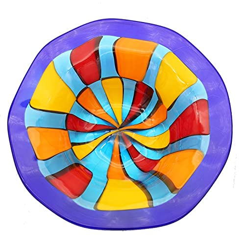 Original Murano Glass OMG Puzzle Plate - Handmade Italian Artisan Blue Rim Multicolor Design - Perfect for Home Decor, Gift Giving & Dinner Party Serving