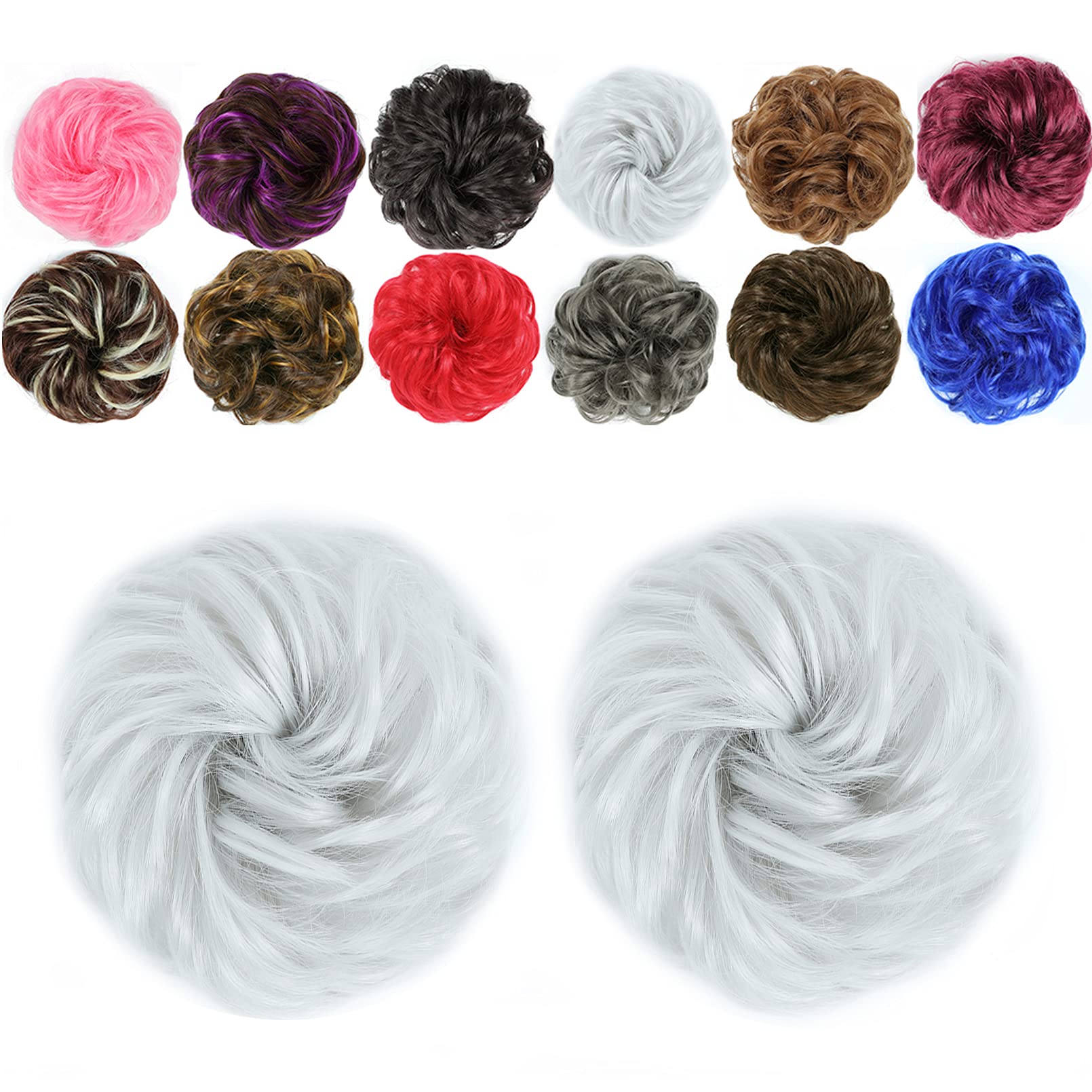 2Pcs Messy Bun Hair Piece - Curly Bun Hair Extension, Fake Hair Scrunchie for Messy Updo (Light Gray) - Perfect for Weddings, Parties & Everyday Styling