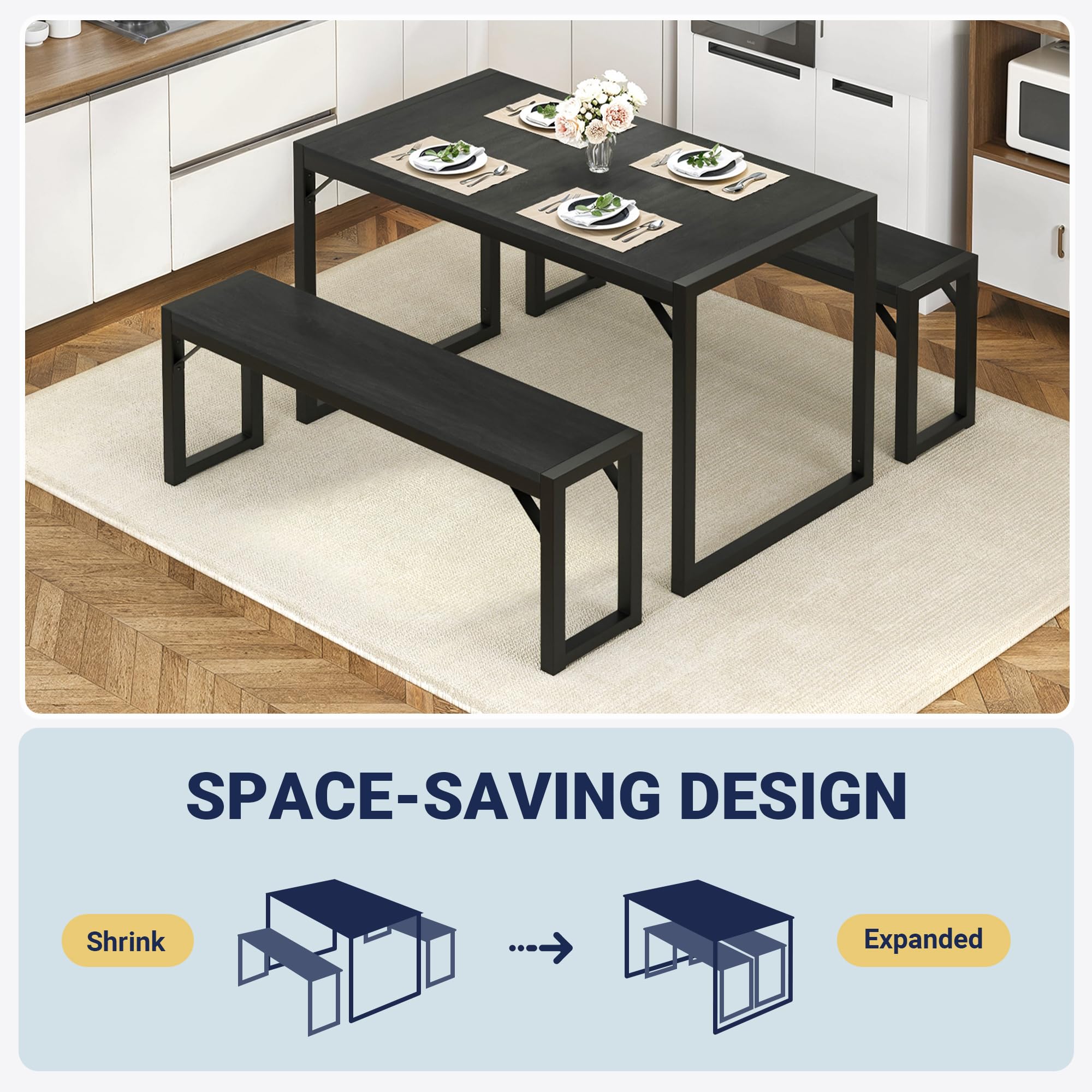 Allewie 3-Piece Dining Table Set with Benches - Heavy Duty Metal Space-Saving Kitchen Table for Small Spaces, Black Legs & Wooden Top - Perfect for Apartments, Studios, Living Rooms & Compact Dining Areas