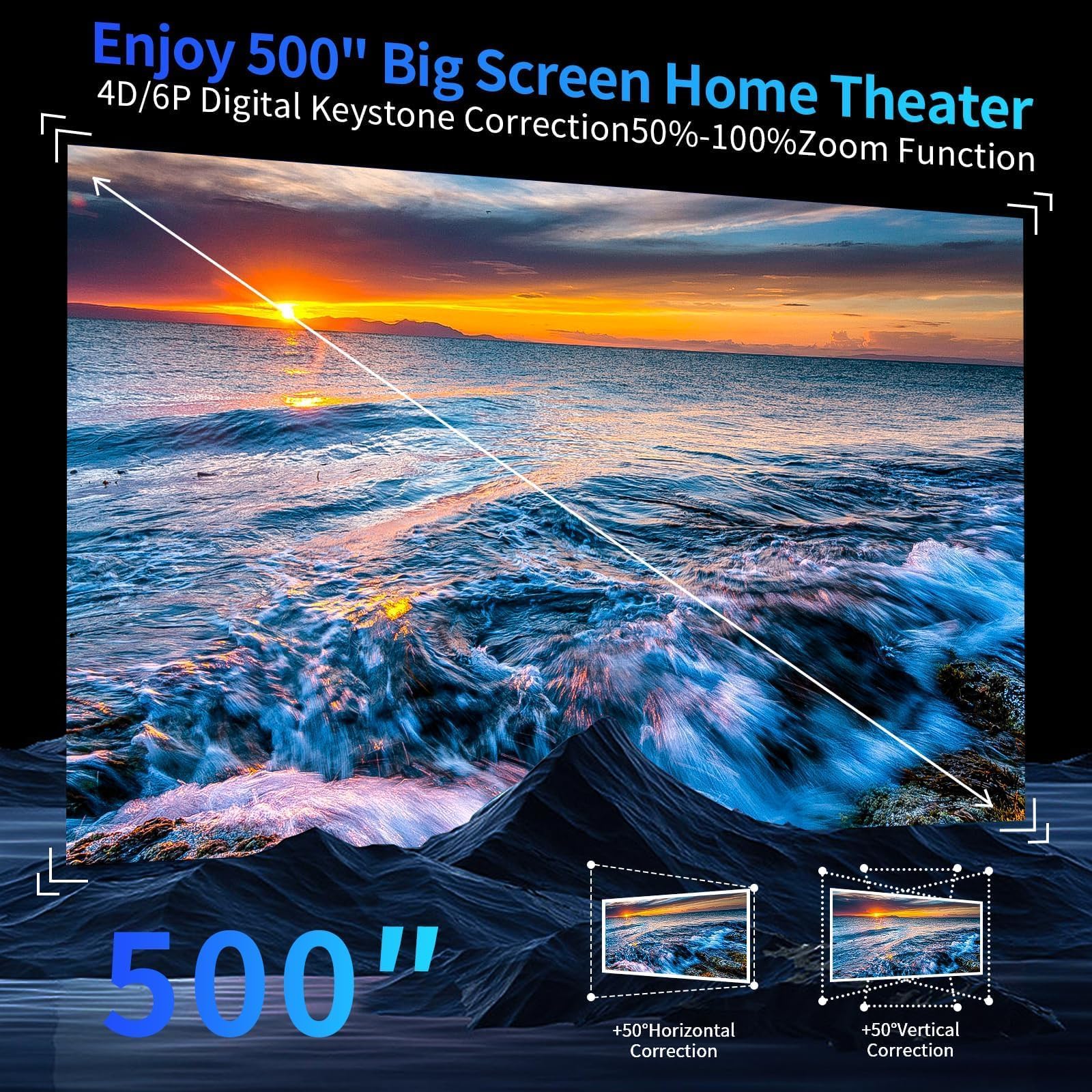 Auto Focus & Auto Keystone Smart 4K Outdoor Projector with WiFi & Bluetooth 5.2 - 1300ANSI DIPIKPRJ Movie Projector, 50% Zoom & 30W Speaker, Dust-Proof Home Theater for Backyard Movies, Gaming & Streaming with Phone/TV Stick/PC