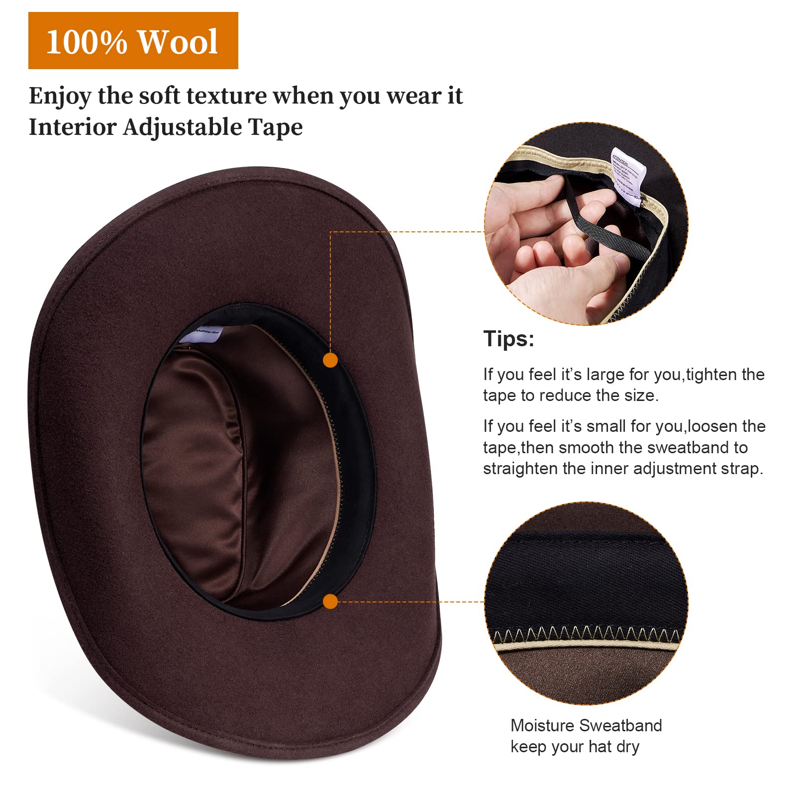 100% Wool Cowboy Hat for Women & Men - Wide Brim Western Cowgirl Hat, Felt Outback Rancher Panama Hat | Perfect for Country Rodeos, Music Festivals & Outdoor Adventures