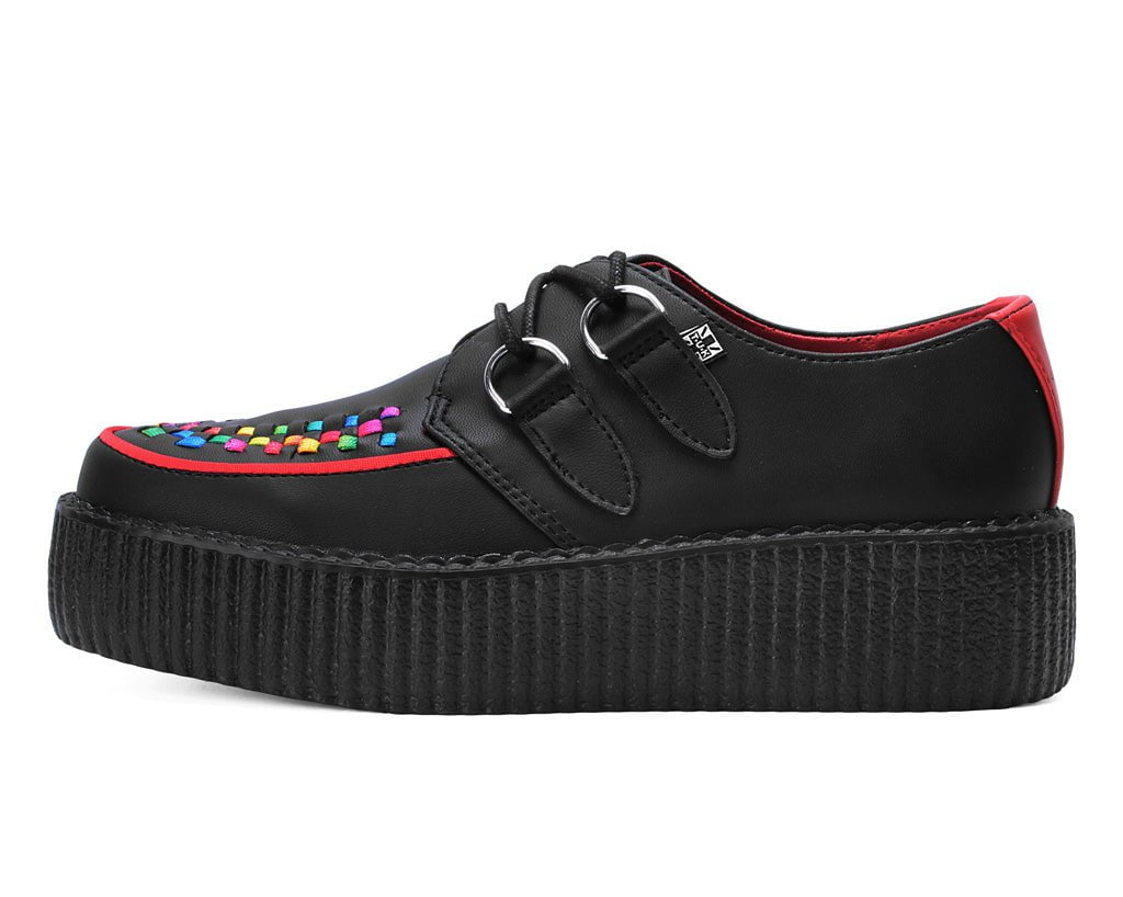 Black TUKskin Rainbow Interlace Viva Mondo Creeper Platform Boots - Gothic Punk Rock Shoes for Women - Perfect for Concerts, Cosplay & Alternative Fashion