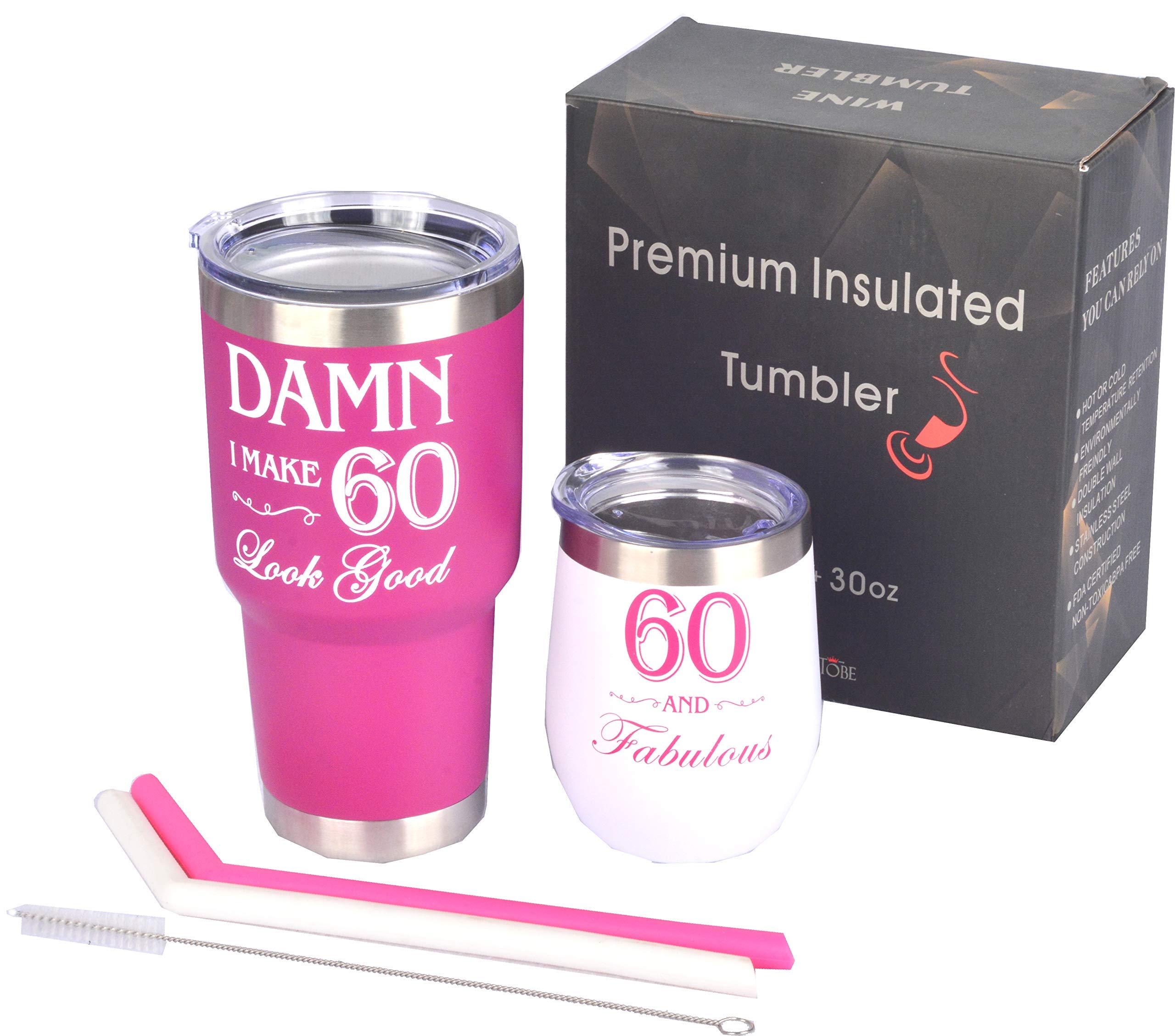 60th Birthday Gifts for Women - 60 and Fabulous Insulated Tumbler Set with Straw, Perfect 60th Birthday Present for Mom, Grandma, Wife | Great for Coffee, Tea & Cold Drinks at Home, Office or Travel
