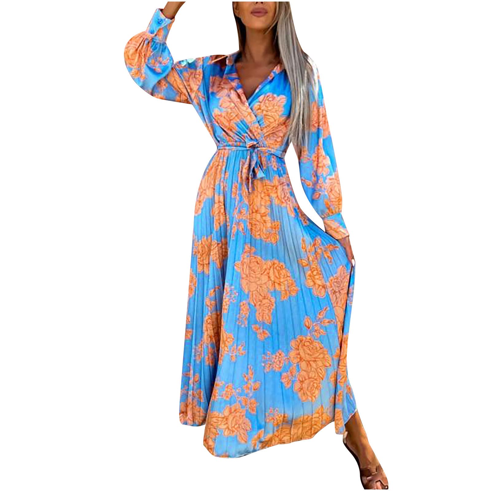 Women's Floral Print Long Sleeve Wrap Waist Flowy Shirt Dress - Casual Elegant Lapel Swing Dress for Spring Summer Outfits, Office Wear & Date Night