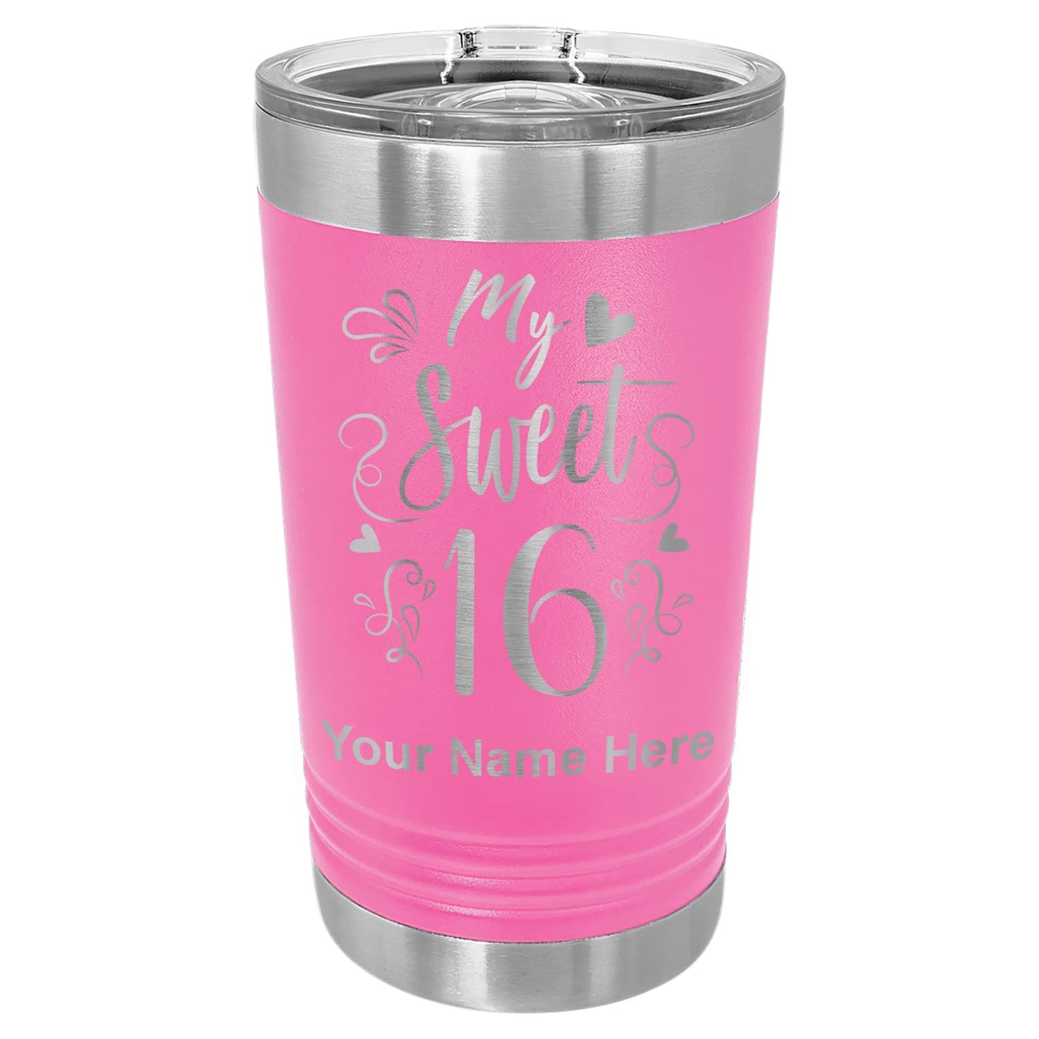 LaserGram 16oz Vacuum Insulated Stainless Steel Tumbler with Personalized Engraving - My Sweet 16 Pink Cup - Keeps Drinks Hot/Cold for Hours - Perfect for Birthday Gifts, Parties & Everyday Use