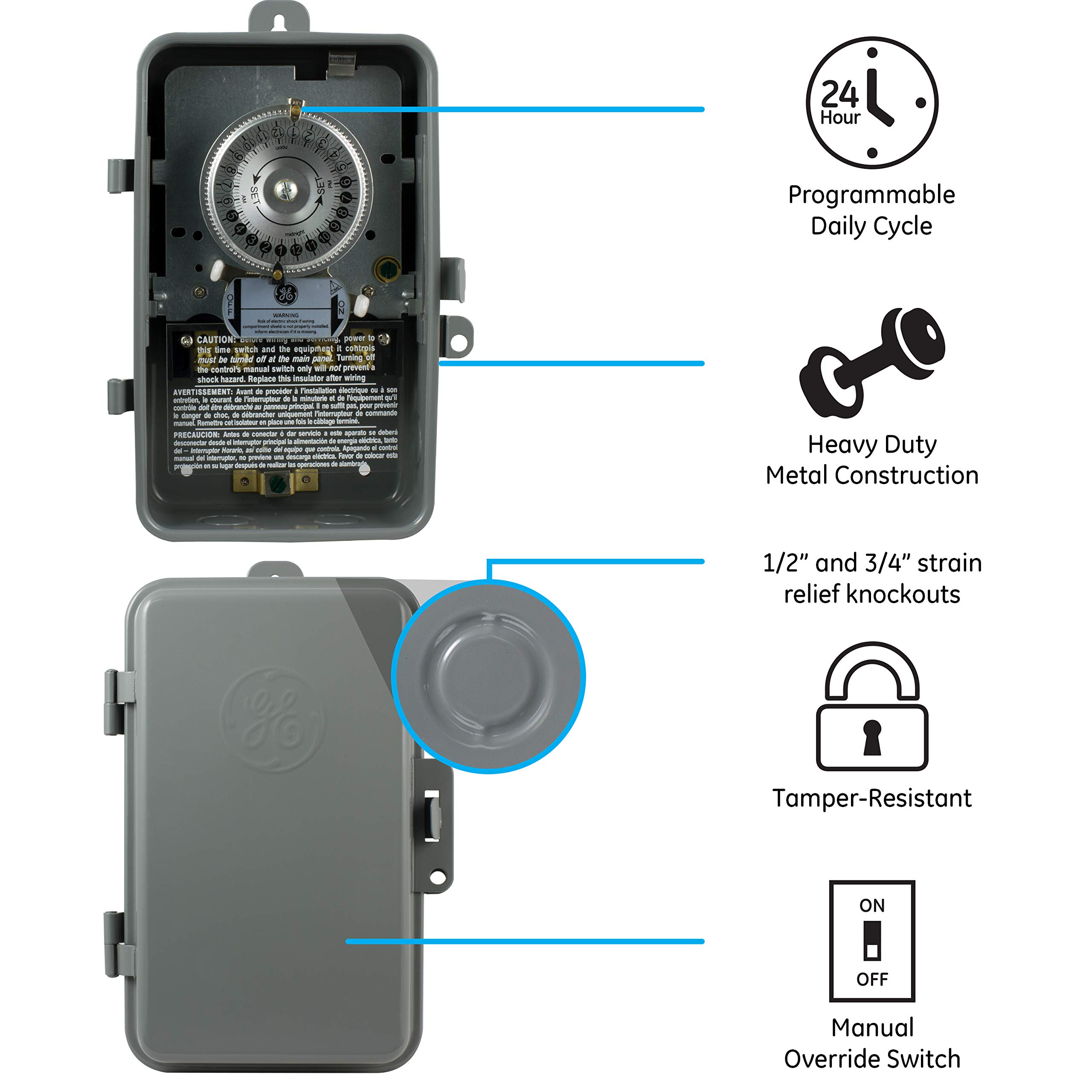 GE 24-Hour Mechanical Pool Timer Switch - 5HP 40A Load Capacity for Pool Pumps - NEMA 3R Outdoor Waterproof Timer Box - 240V AC Replacement Timer for Pool Heaters & Water Heaters - Tamper-Resistant Metal Construction - Ideal for In-Ground & Above-Ground Pools, Spas, and Hot Tubs