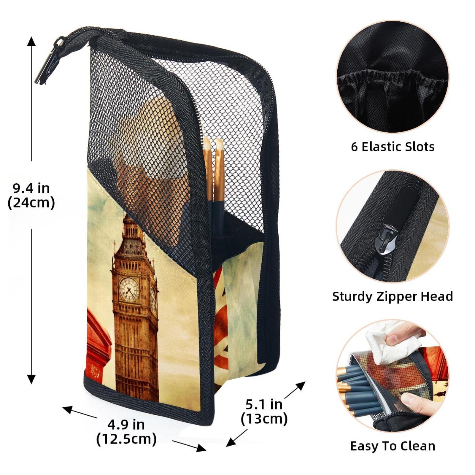 12-Piece Makeup Brush Organizer Bag with London Red Telephone Big Ben Design - Portable Travel Cosmetic Brush Holder Case for Professional & Home Use