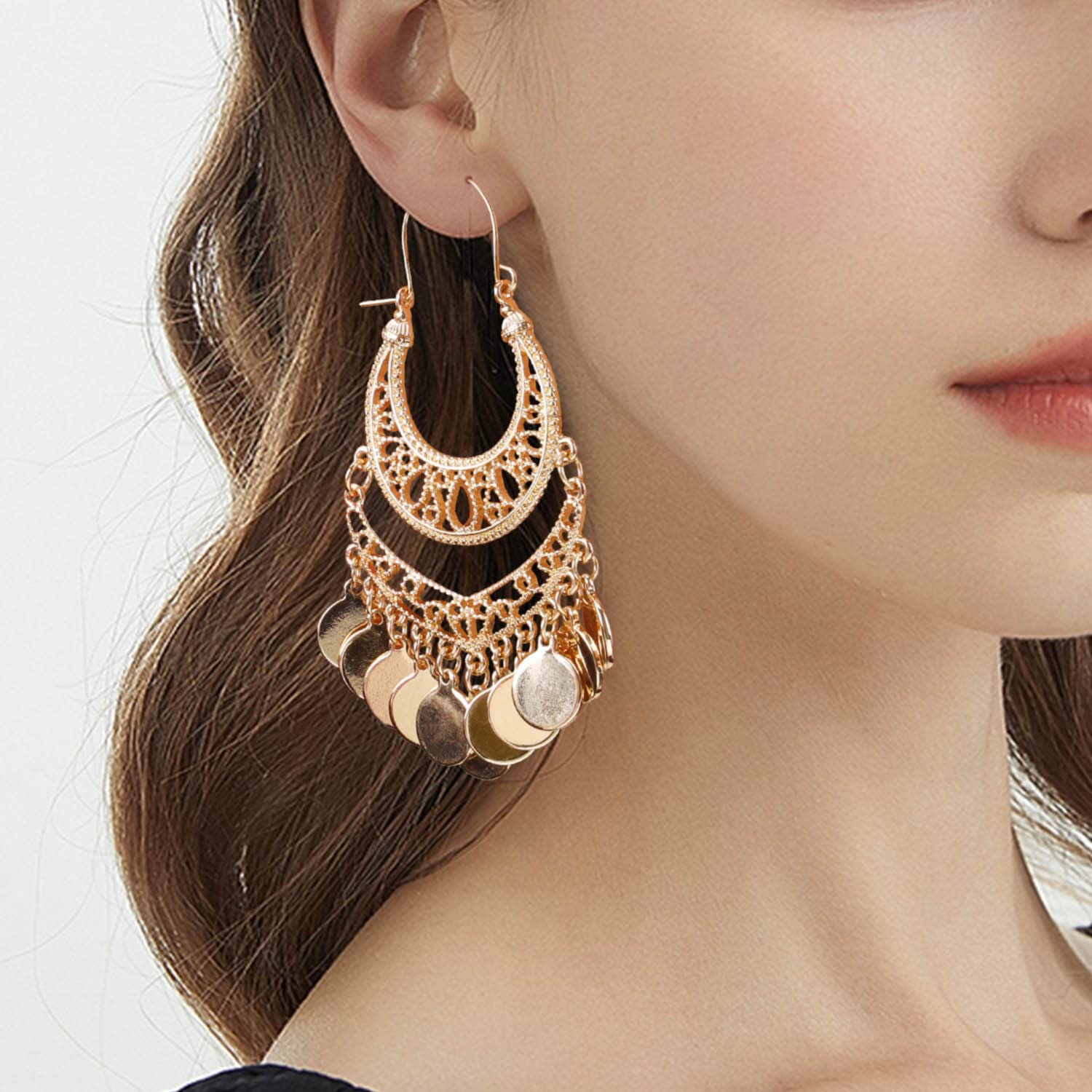 Bohemian Chandelier Earrings for Women - Handmade Coin Disc Tassel Dangle Filigree Jewelry - Perfect for Festivals, Weddings & Boho Fashion