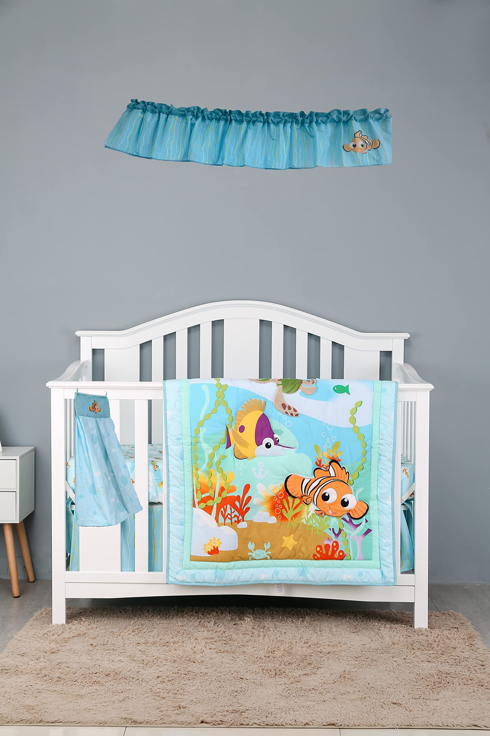 5-Piece Blue Embroidery Ocean Fish Turtle Nursery Crib Bedding Set - 1 Quilt, 1 Fitted Sheet, 1 Bed Skirt, 1 Diaper Storage Bag, 1 Window Valance - Perfect for Baby Boy & Girl Nursery Decor, Coastal Theme Bedroom, Newborn Gift