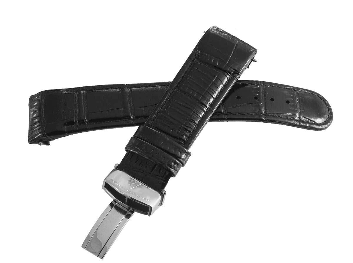 Aqua Master 22mm Black Genuine Leather Watch Band with Stainless Steel Deployment Clasp - Replacement Strap for Men's Watches, Perfect for Business, Casual & Formal Occasions