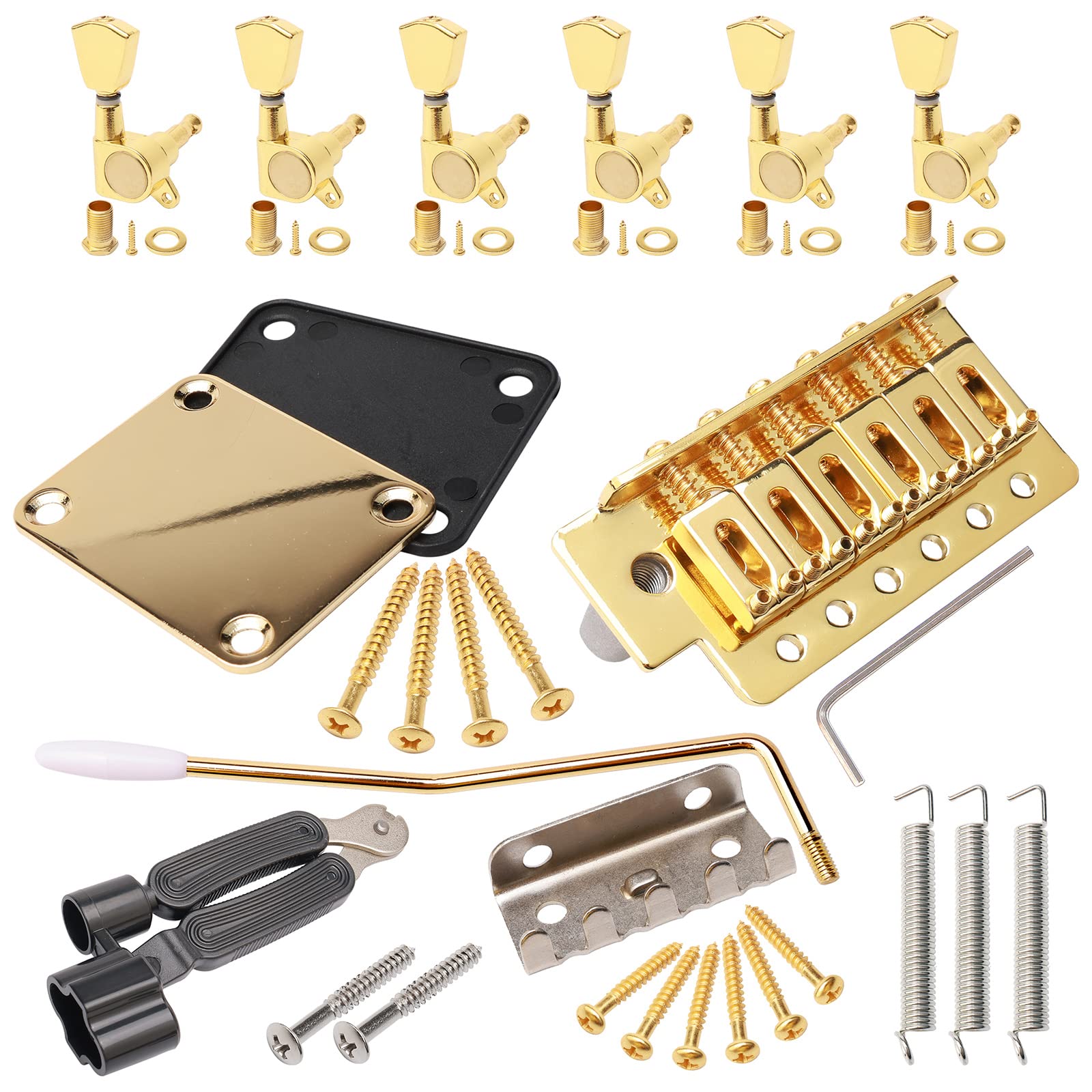 Swhmc 6-String Electric Guitar Tremolo Bridge Bar Kit with 6R Sealed Gear Tuning Pegs & Neck Plate Reinforce Board - Replacement for Strat Fender Guitars | Perfect for Stage Performances, Studio Recording & Guitar Upgrades