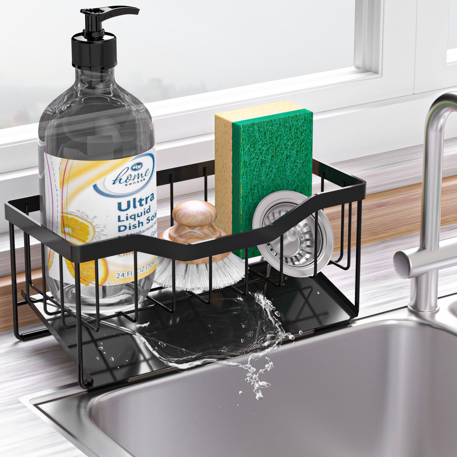 Self-Draining Sponge Holder for Kitchen Sink - Auto Drain Tray, Sink Caddy Organizer, Dish Soap Sponge Caddy for Counter - Perfect for Kitchen, Bathroom & Utility Sink Organization