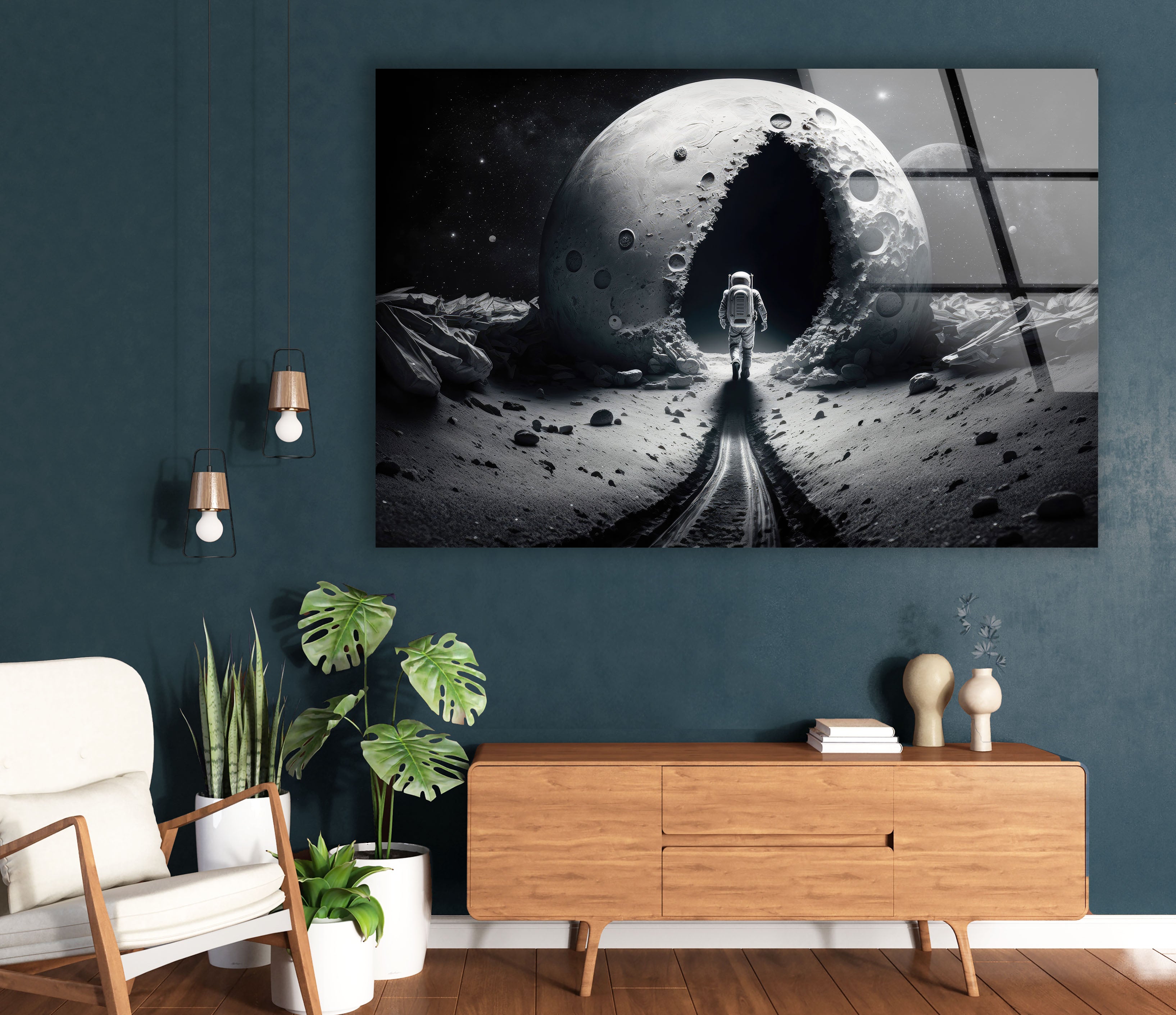 Astronaut Moonwalk Wall Art - Surreal Space Galaxy Glass Print for Home & Office Decor | Unique Sci-Fi Poster for Living Room, Bedroom, or Gift