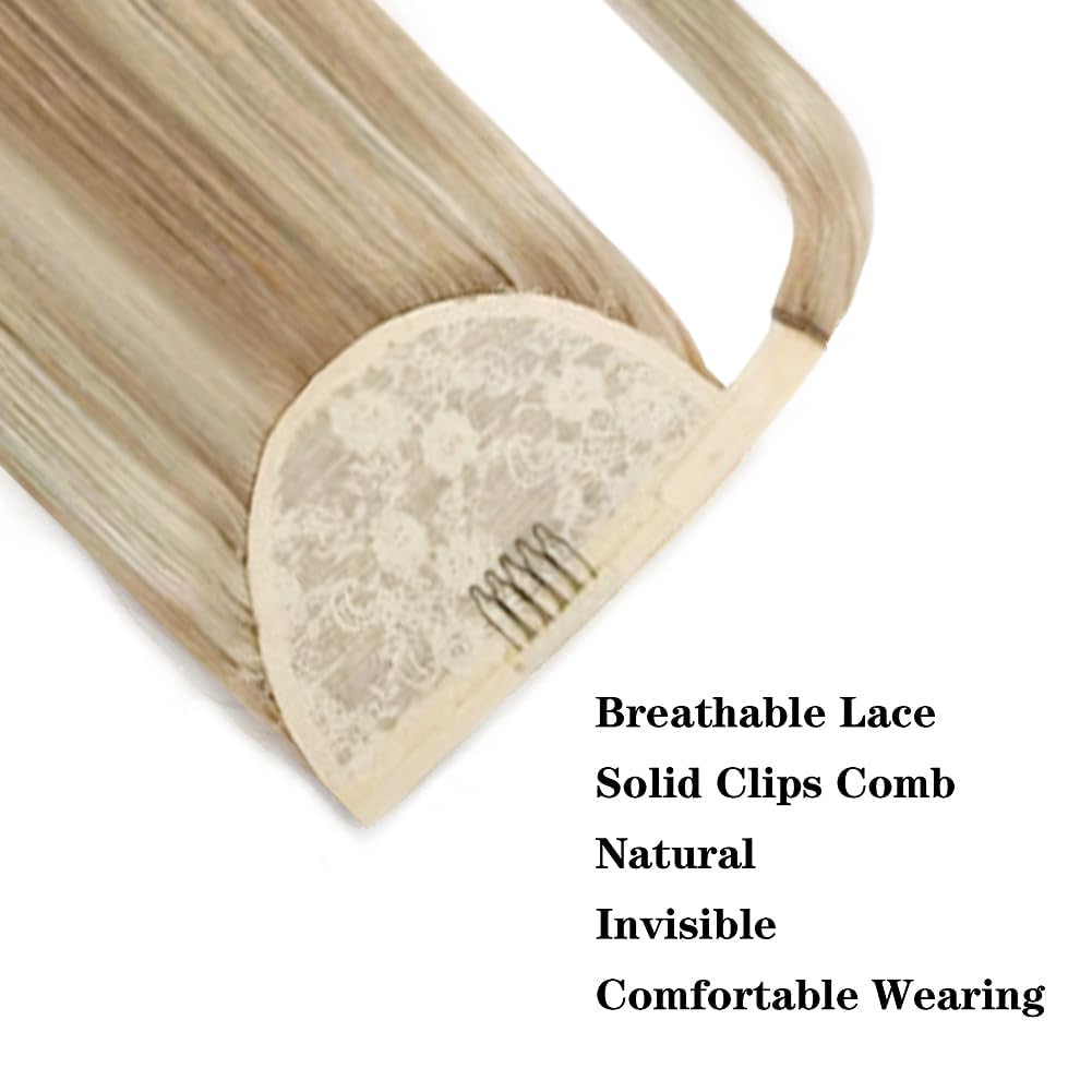 RECOOL 22 Inch Clip-In Ponytail Hair Extensions - Light Blonde to Bleach Blonde Remy Human Hair - Wrap Around Ponytail Extension for Women - Long Straight Natural Look - Perfect for Parties, Weddings & Everyday Styling