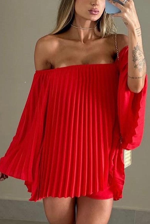 Off Shoulder Pleated Loose Top with Elastic Waist Shorts Set - Women's Summer Casual Outfit for Beach, Vacation & Date Night