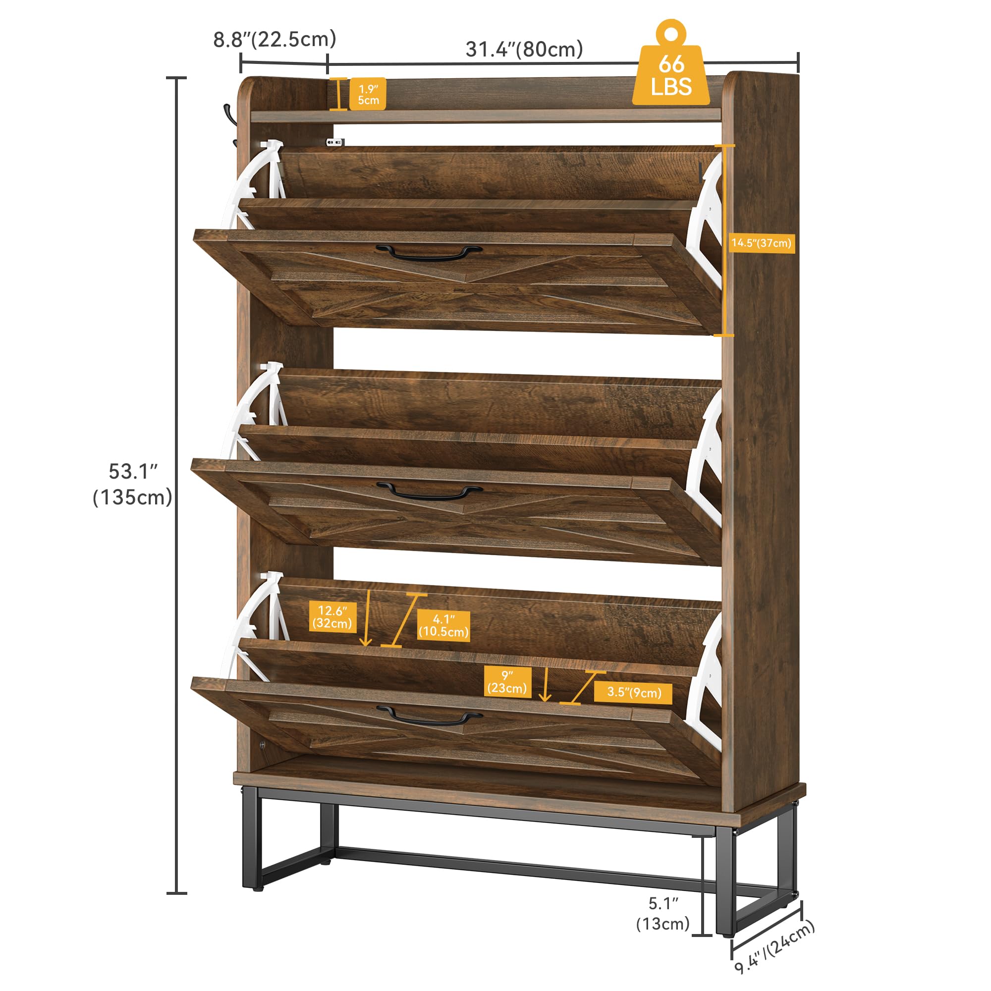 DWVO 3-Tier Flip-Drawer Shoe Cabinet - Holds 24 Pairs, Rustic Brown Farmhouse Entryway Shoe Organizer - Slim Space-Saving Shoe Rack for Living Room, Hallway & Closet - Perfect for Small Apartments & Mudroom Storage