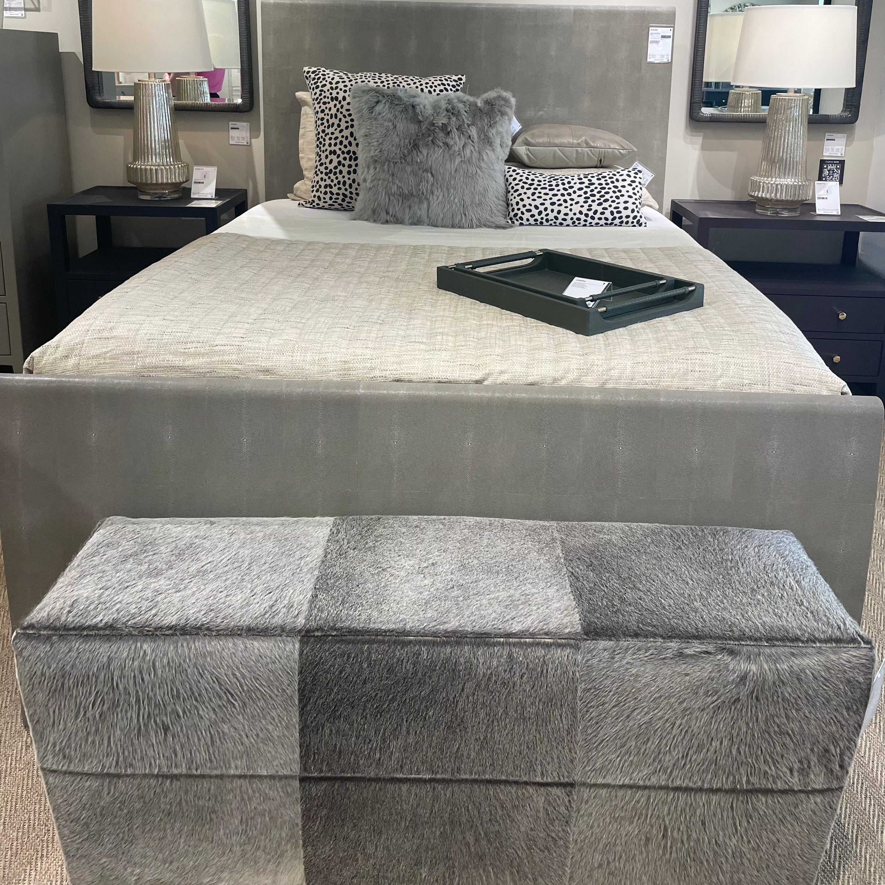 Premium Baldwin Bench with Gray Hair on Hide - Stylish & Durable Leather Upholstery for Living Room, Office, or Entryway Decor