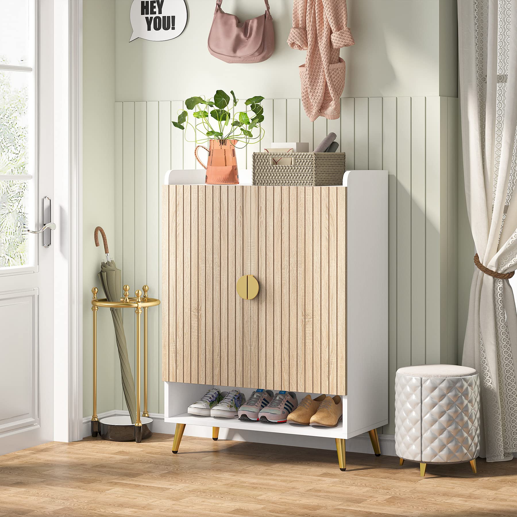 Tribesigns 7-Tier Wooden Shoe Cabinet with Adjustable Shelves & Doors - Modern Shoe Storage Organizer for Entryway, Hallway, Closet, Living Room - Gold Accent Wooden Shoe Rack for Home Organization & Space Saving