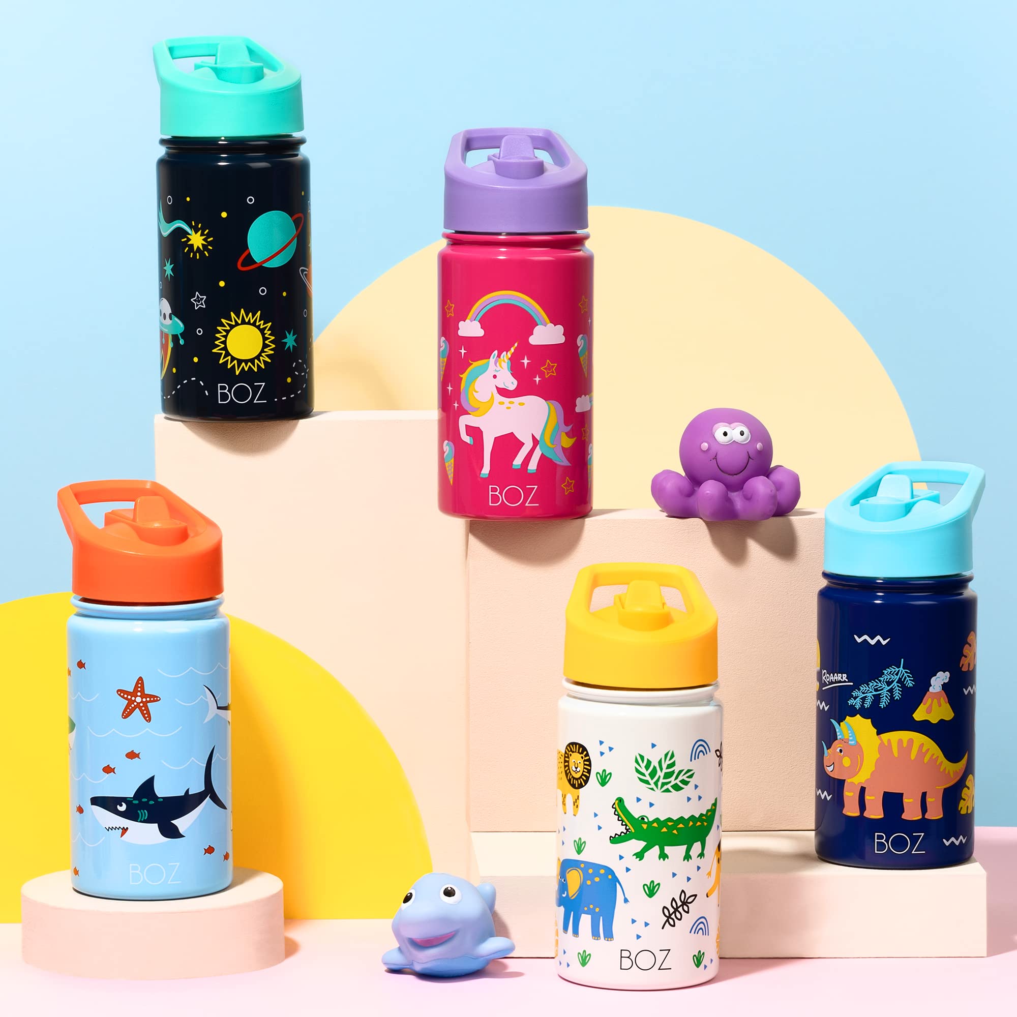 BOZ Stainless Steel Insulated Water Bottle for Kids & Toddlers - 14oz (414ml) Leak Proof with Straw Lid, Perfect for School, Travel & Outdoor Activities - Sharks Design