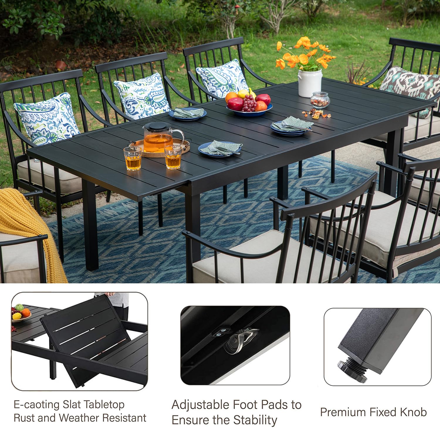 MFSTUDIO 9-Piece Outdoor Patio Dining Set with 8 Spring Motion Chairs & Cushions + 1 Expandable Rectangular Table - Burgundy Garden Furniture for Porch, Lawn, Backyard & Outdoor Entertaining