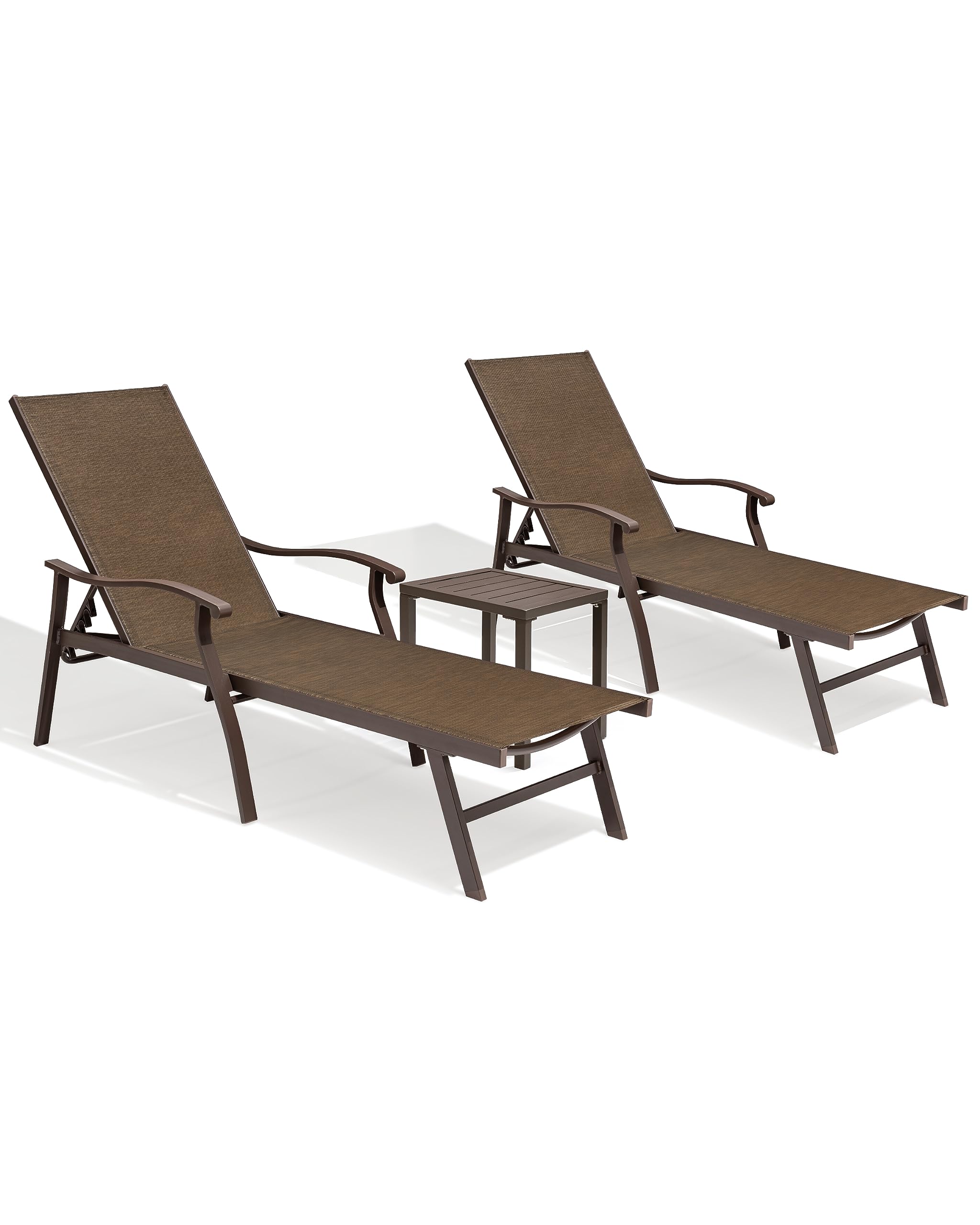 Crestlive 3-Piece Aluminum Chaise Lounge Set - 5-Position Adjustable Patio Recliners, All-Weather Outdoor Lounge Chairs for Poolside, Beach, Backyard & Garden (Brown) - Perfect for Sunbathing, Relaxing & Outdoor Entertaining