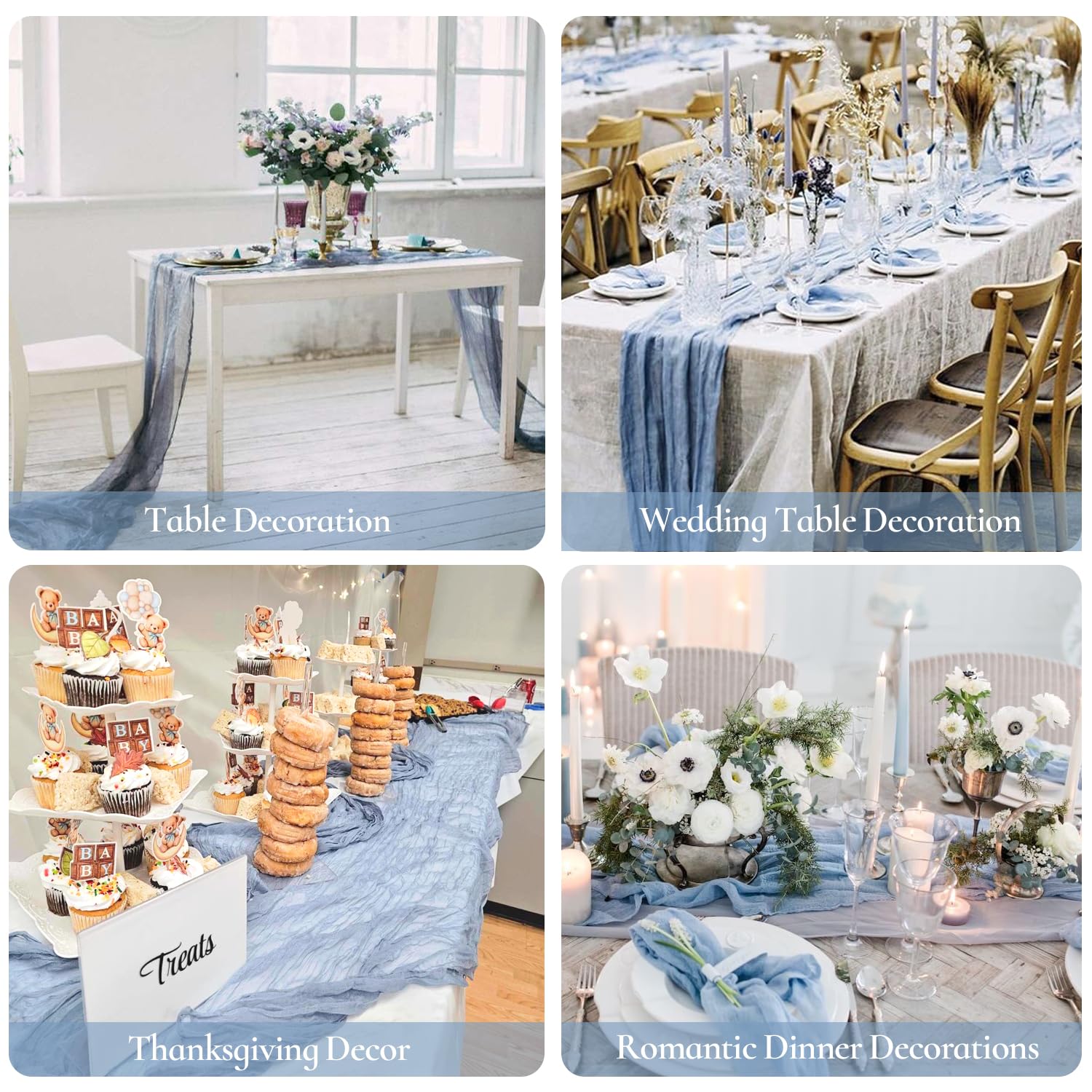 10 Pack Dusty Blue Cheesecloth Table Runners - 10ft Boho Gauze Fabric for Wedding Arch Draping, Bridal Baby Shower, Birthday Party & Cake Table Decor - Rustic Semi-Sheer Tablecloth for Boho, Farmhouse & Rustic Weddings