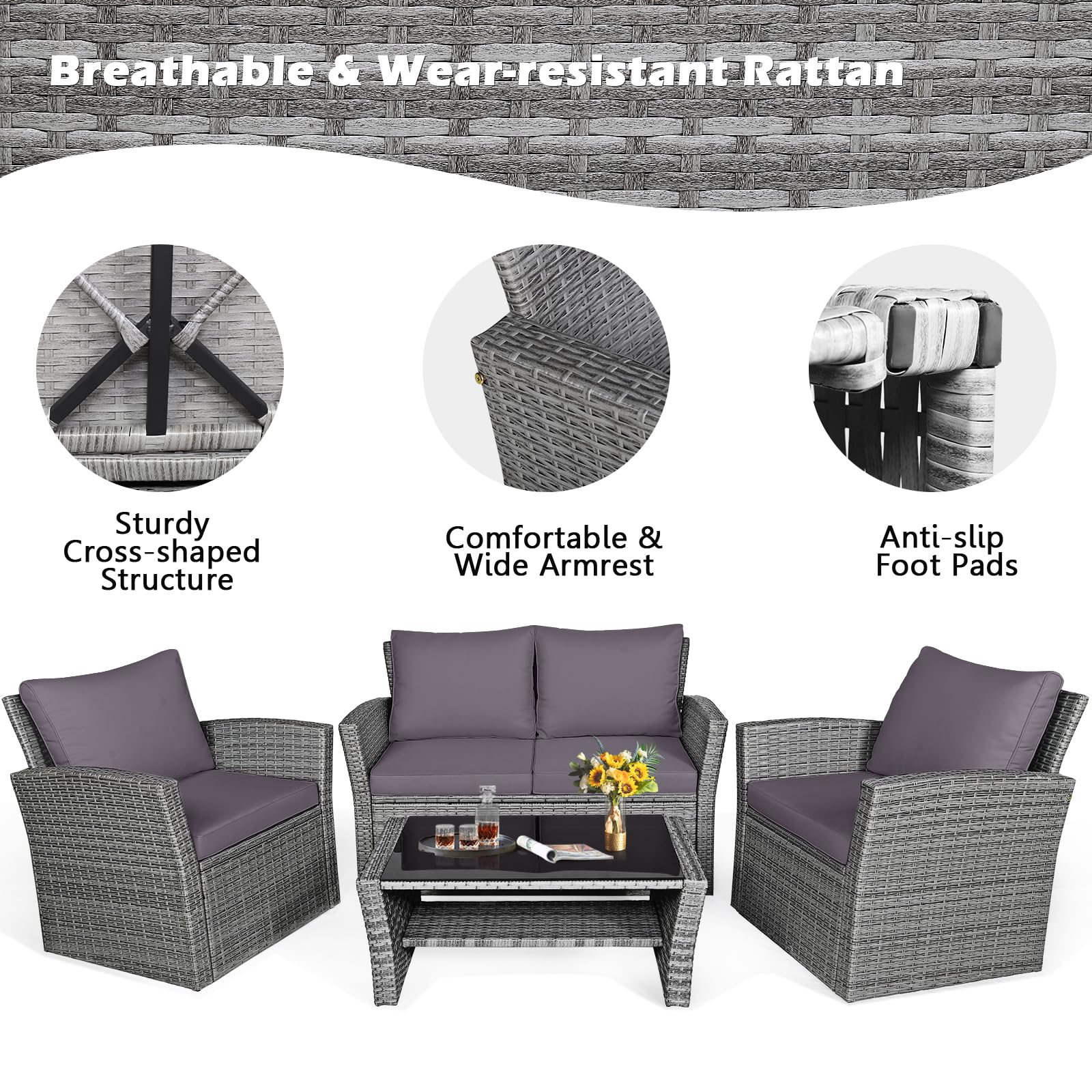 HAPPYGRILL 4-Piece Outdoor Rattan Furniture Set with Cushions & Coffee Table - Patio Conversation Sofa Set for Garden, Porch, Balcony, Poolside - Perfect for Relaxing, Entertaining & Outdoor Dining