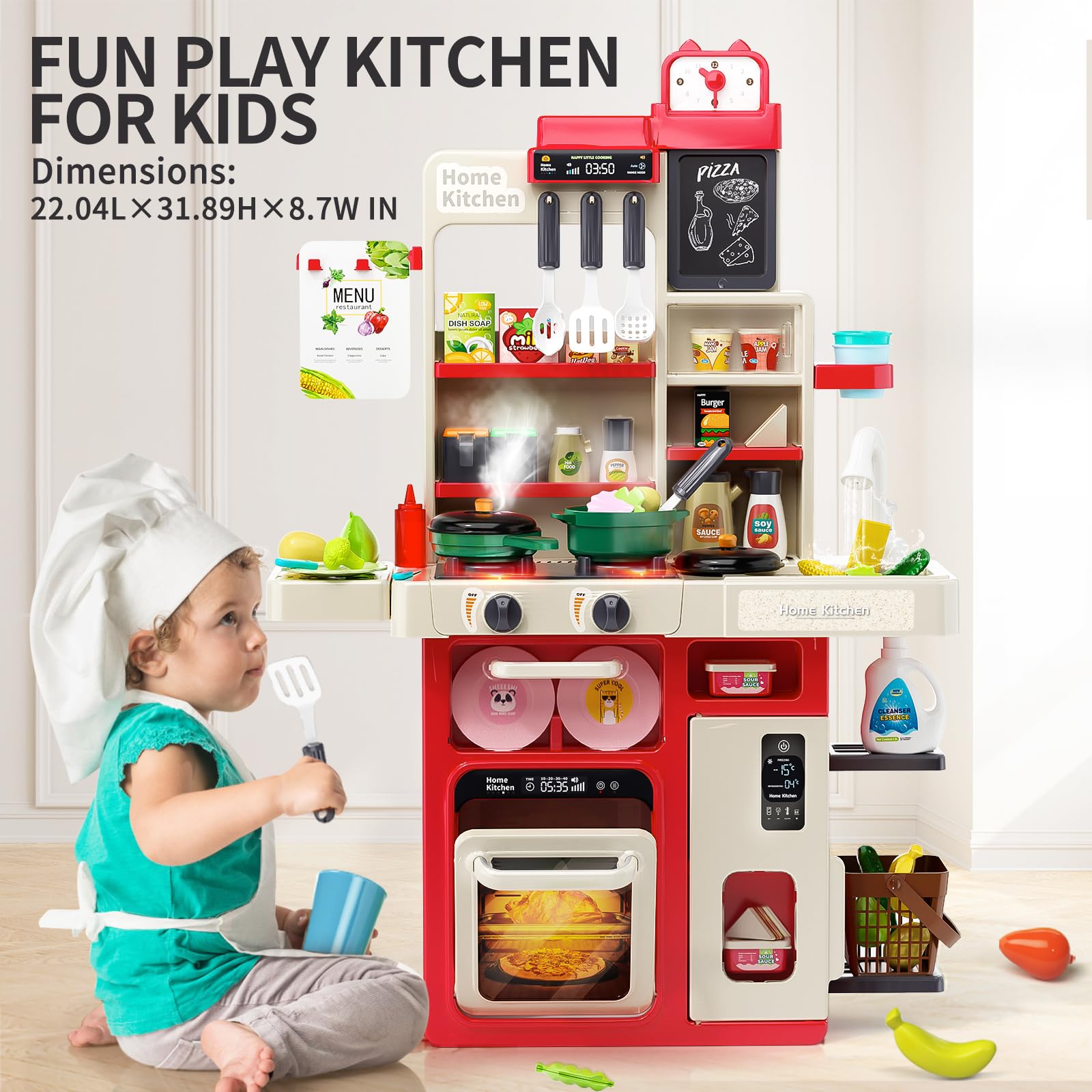 **Red Play Kitchen Toy Set for Kids with Real Steam, Sounds, Lights & Sink - Pretend Play Kitchen with Food & Accessories - Perfect Gift for Toddlers & Preschoolers (Birthday, Christmas, Role Play Fun)**
