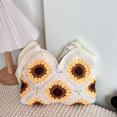 Sunflower Crochet Crossbody Bag for Women - Handmade Woven Tote Beach Purse, Large Knit Shoulder Bag for Vacation, Travel, Shopping & Summer Outfits (White-2)
