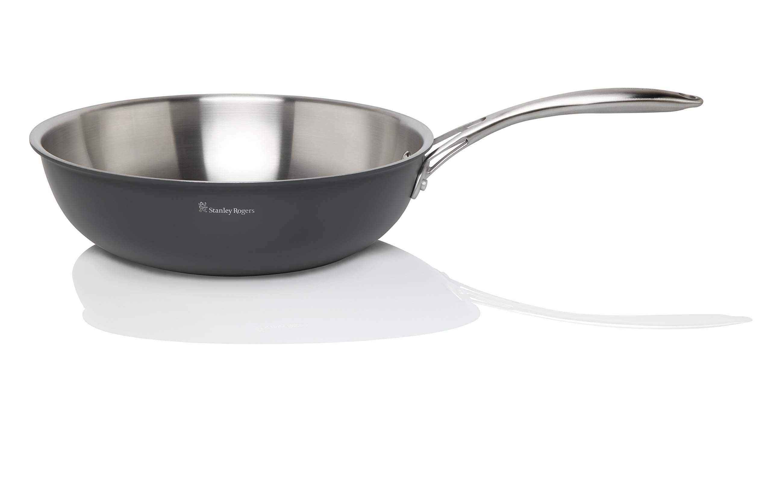Stanley Rogers Professional 12-Inch Induction Compatible Wok Pan - Heavy Duty Stainless Steel Stir Fry Pan with Cool-Touch Handle - Perfect for Asian Cooking, Sautéing & High Heat Stir Frying (Silver/Black)