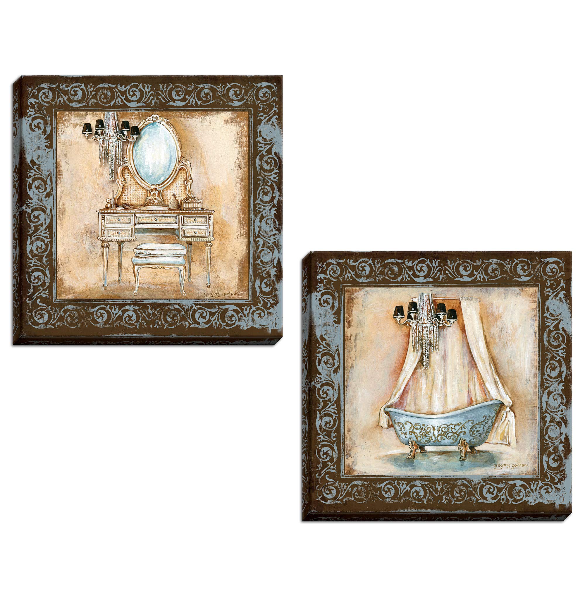 Elegant Brown and Blue Clawfoot Tub and Vanity Set - Vintage Bathroom Decor with 2 Hand-Stretched 12x12in Canvas Art - Perfect for Farmhouse, Victorian, or Retro Style Bathroom Renovations