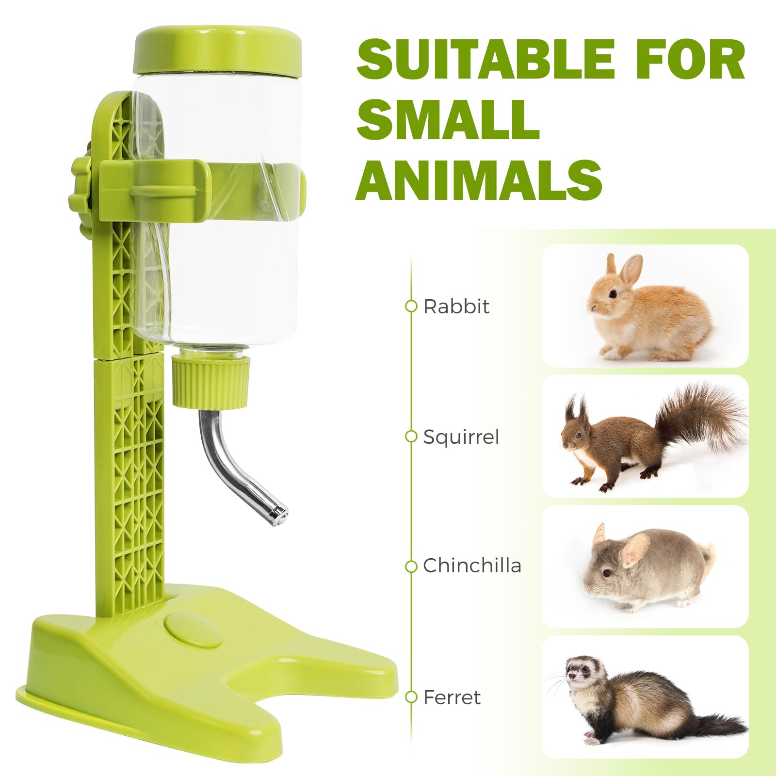 VANNON Top Fill Pet Water Dispenser - 13oz Leakproof Dog Water Bottle with Adjustable Stand for Small Animals, BPA Free, Green - Perfect for Travel, Cages & Outdoor Use
