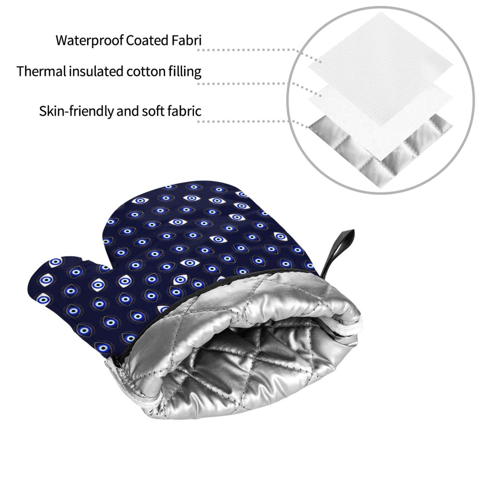 Blue Evil Eye Oven Mitts and Pot Holders Set - Heat Resistant Kitchen Gloves for Baking, Cooking & Grilling - Lucky Charm Protection for Home & Restaurant Use