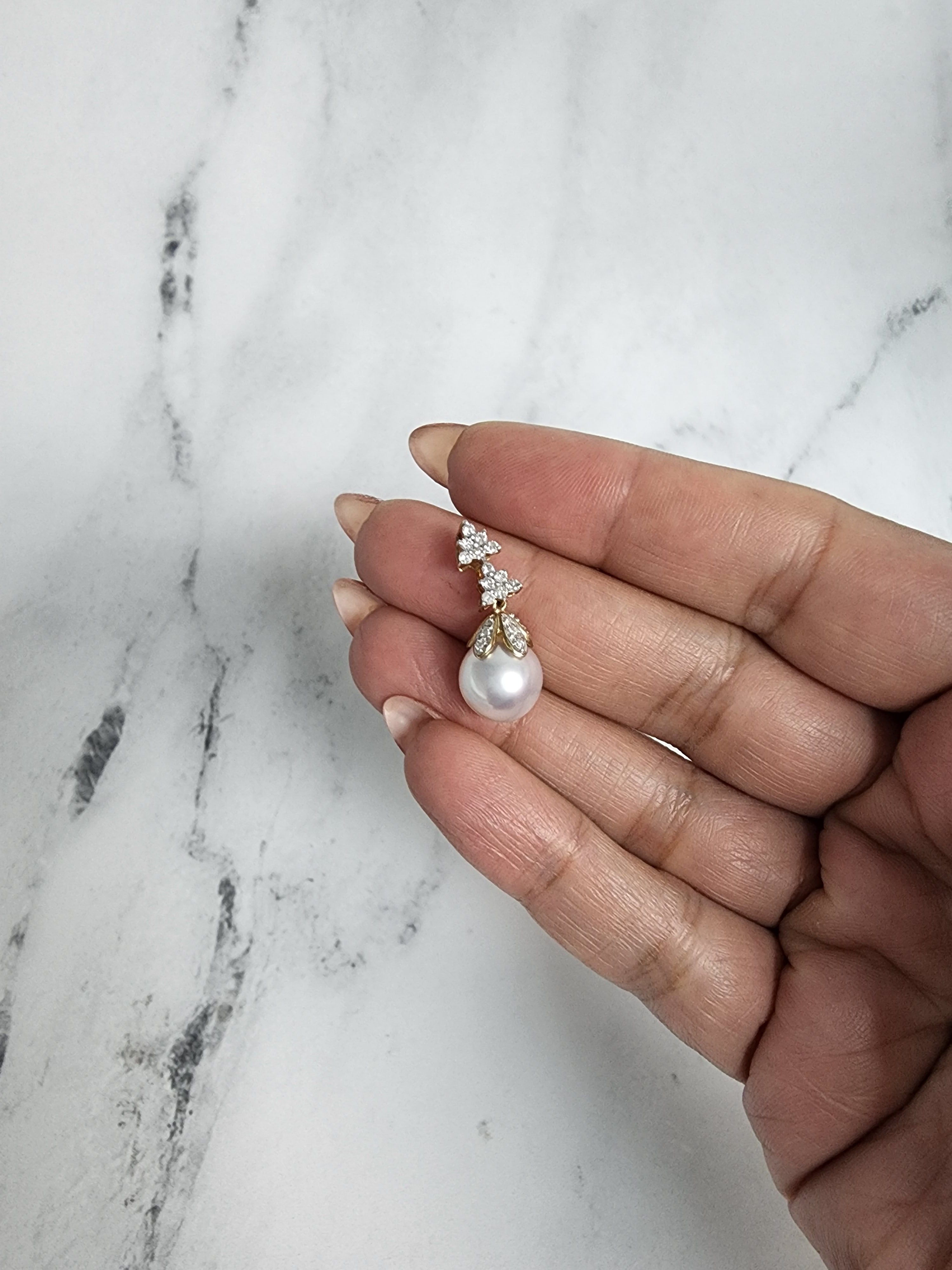 10mm Dangling Pearl Necklace with Diamond Accents - Elegant Bridal Jewelry for Weddings, Prom & Special Occasions