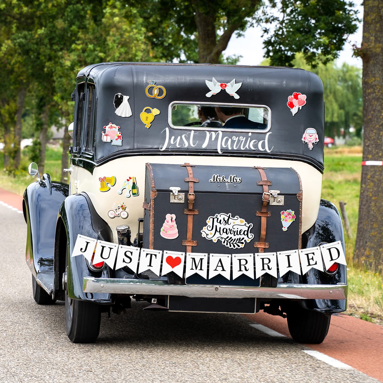 16 Pcs Just Married Car Decorations Kit - 14 Ornate Car Magnets, Window Decal & Cardstock Sign Banner | Wedding Decor for Cars, Bridal Shower & Honeymoon Photo Props | Perfect for Newlyweds' Getaway & Celebration