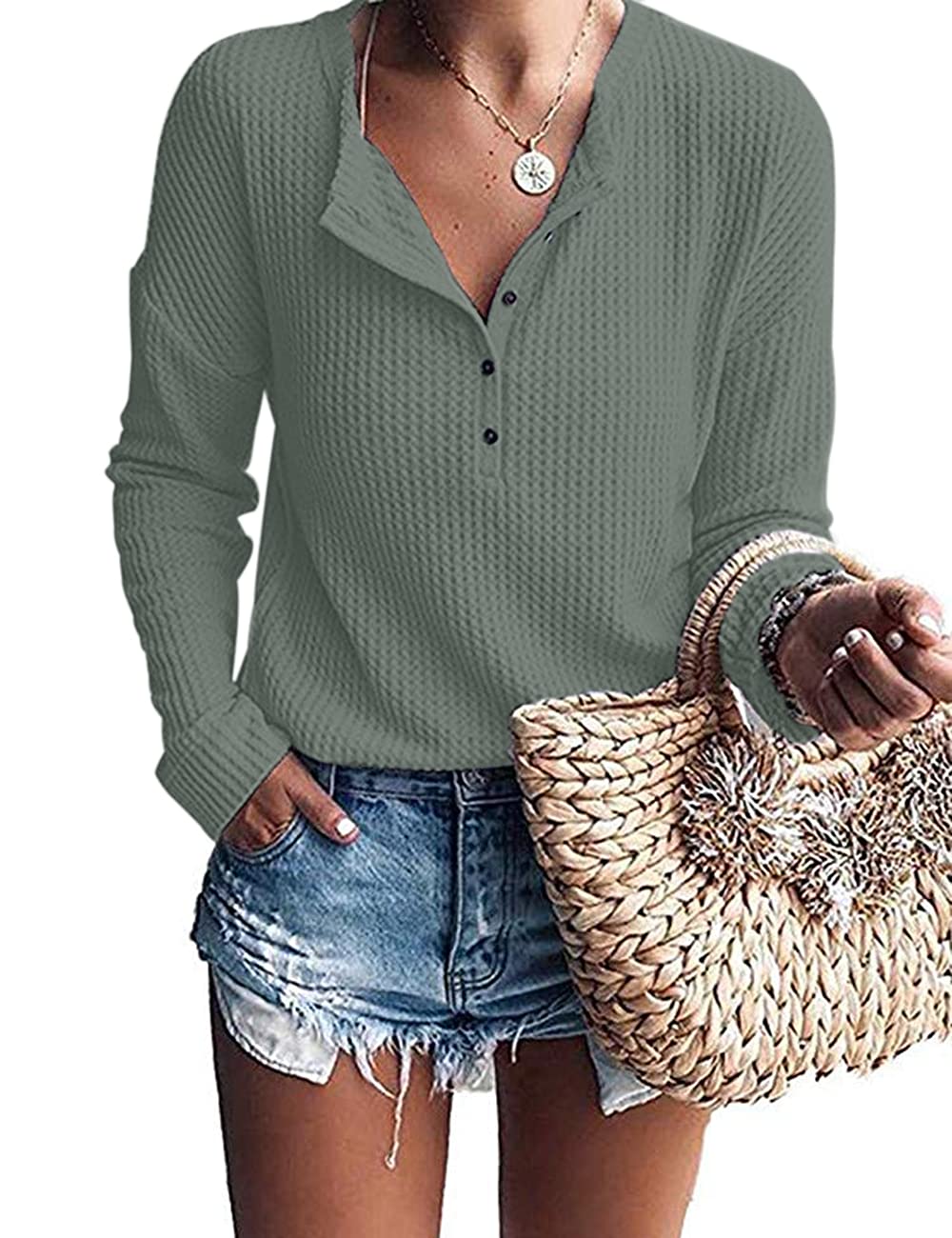 WNEEDU Women's Waffle Knit Tunic Top - Loose Fit Long Sleeve Button Up V-Neck Henley Shirt for Casual Wear & Layering | Fall Winter Fashion Essential