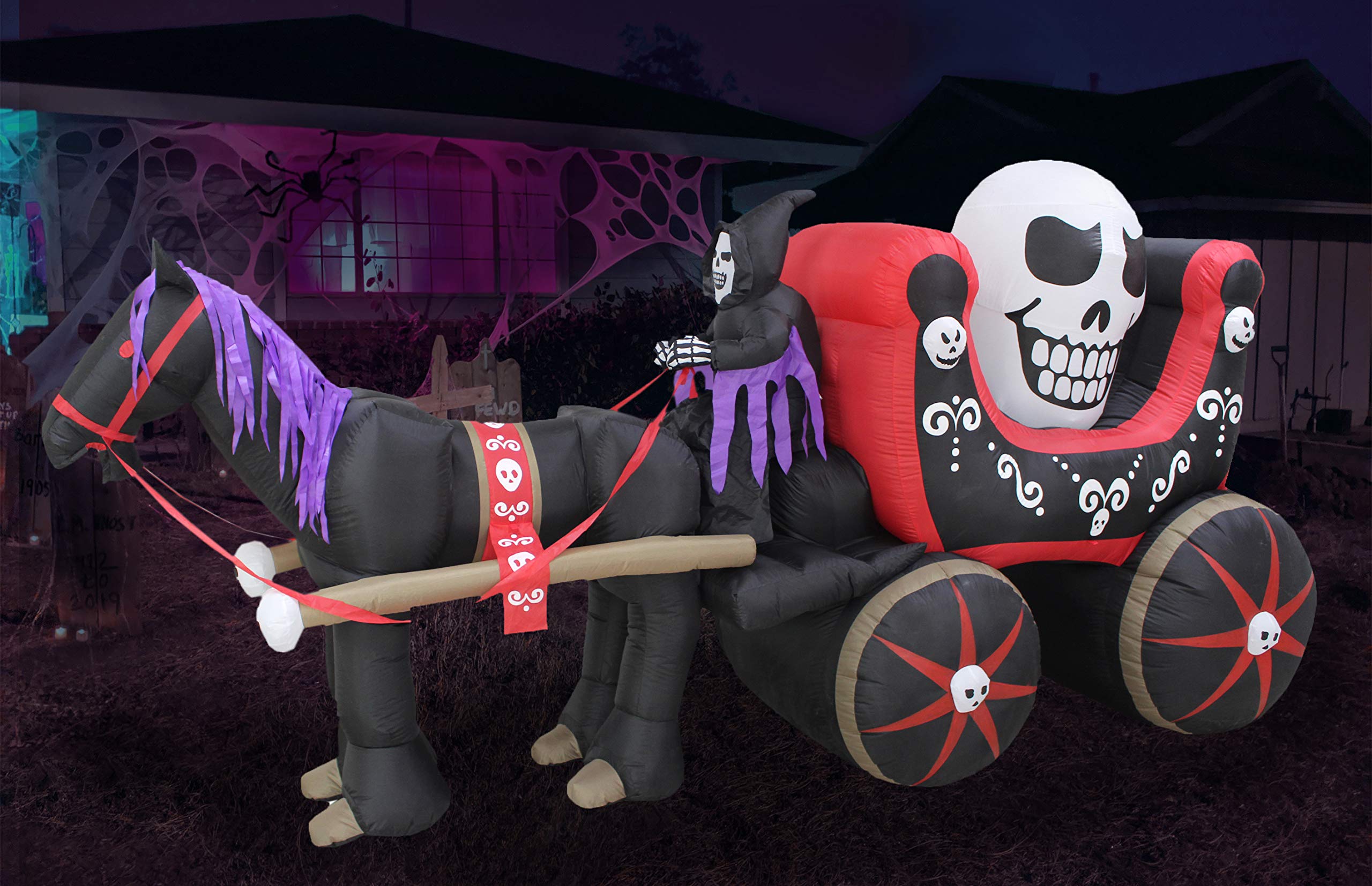 12ft Halloween Inflatable Carriage with Skeleton Ghost Skull Lights - Outdoor/Indoor Holiday Decor for Yard, Lawn & Home - Spooky Blow-Up Decorations Perfect for Halloween Parties & Haunted House Themes