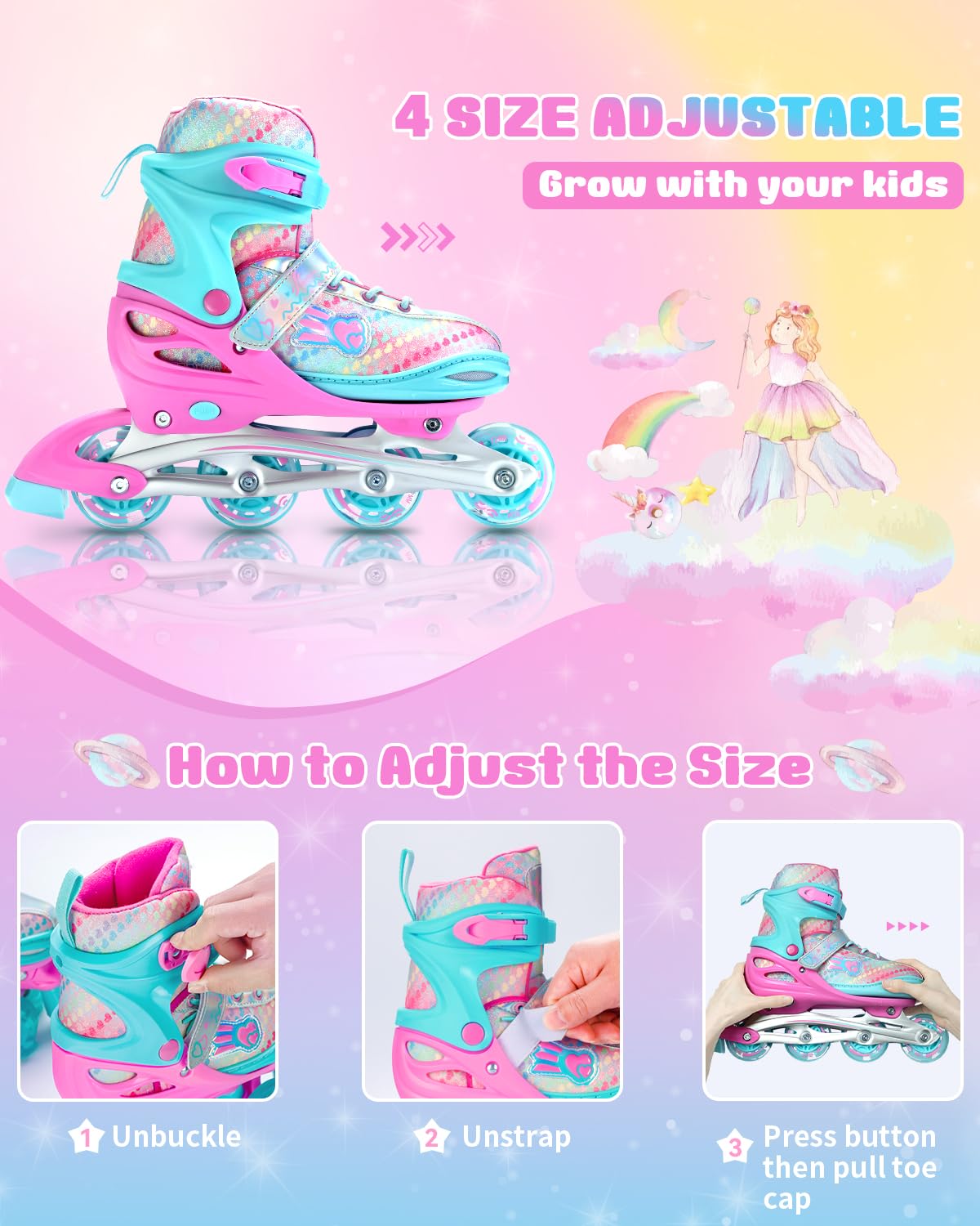 **Sportneer Adjustable Inline Skates for Kids & Youth - 4 Sizes, LED Light Up Wheels, Full Protective Gear Set - Perfect for Beginners, Girls, Women - Indoor & Outdoor Roller Skating Fun**