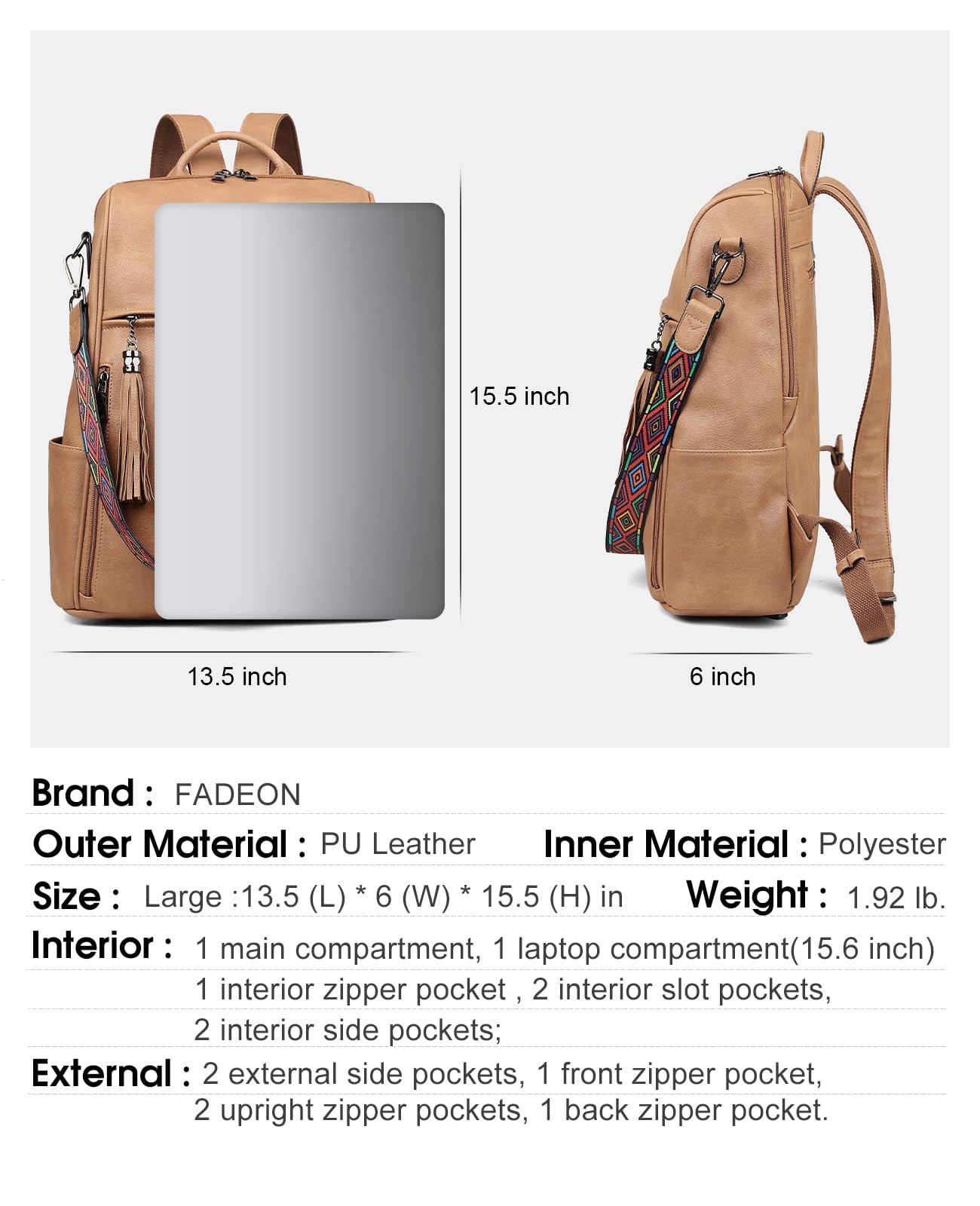FADEON Women's Leather Laptop Backpack 15.6